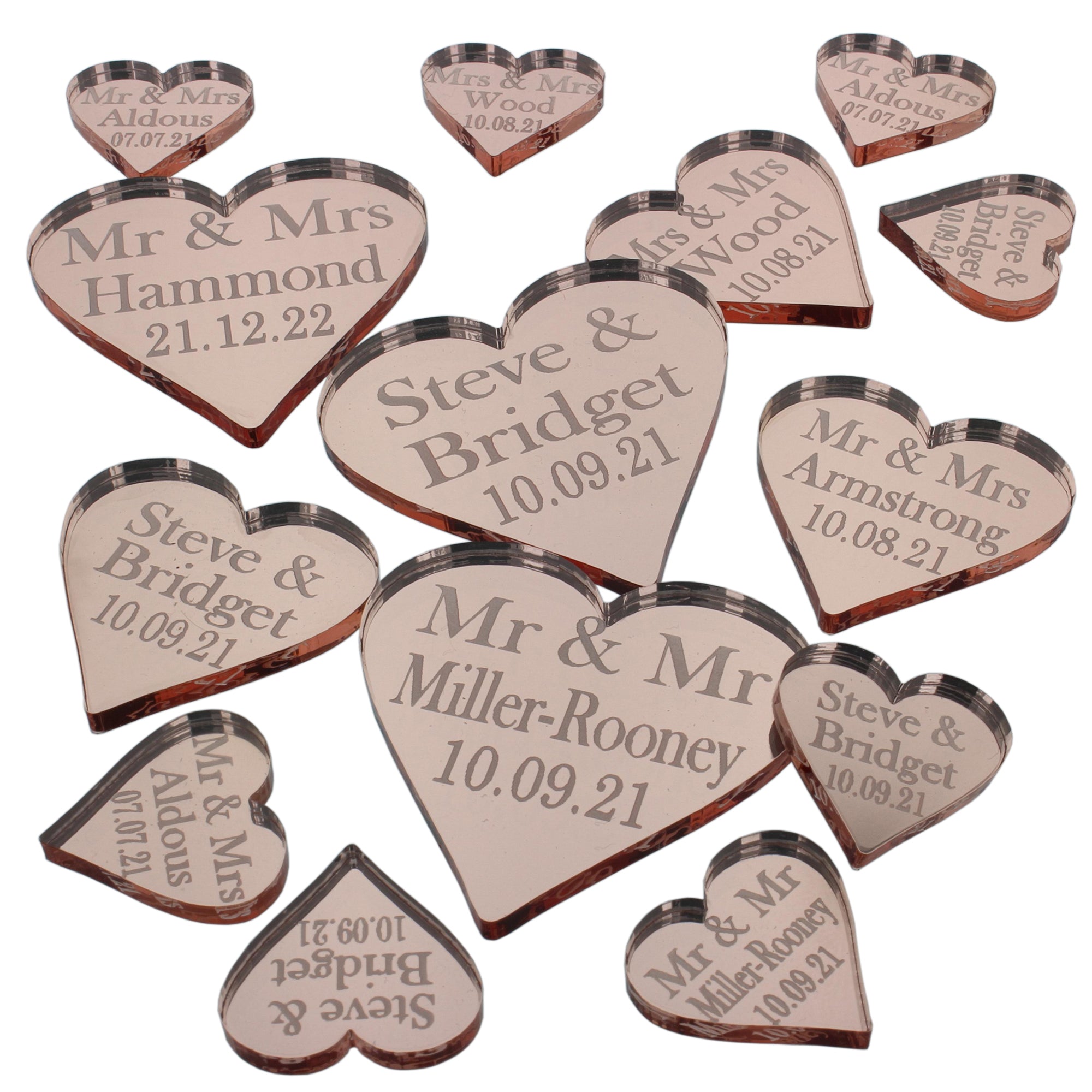 Personalised Wedding Favours - Rose Gold Mirror Acrylic Love Hearts
