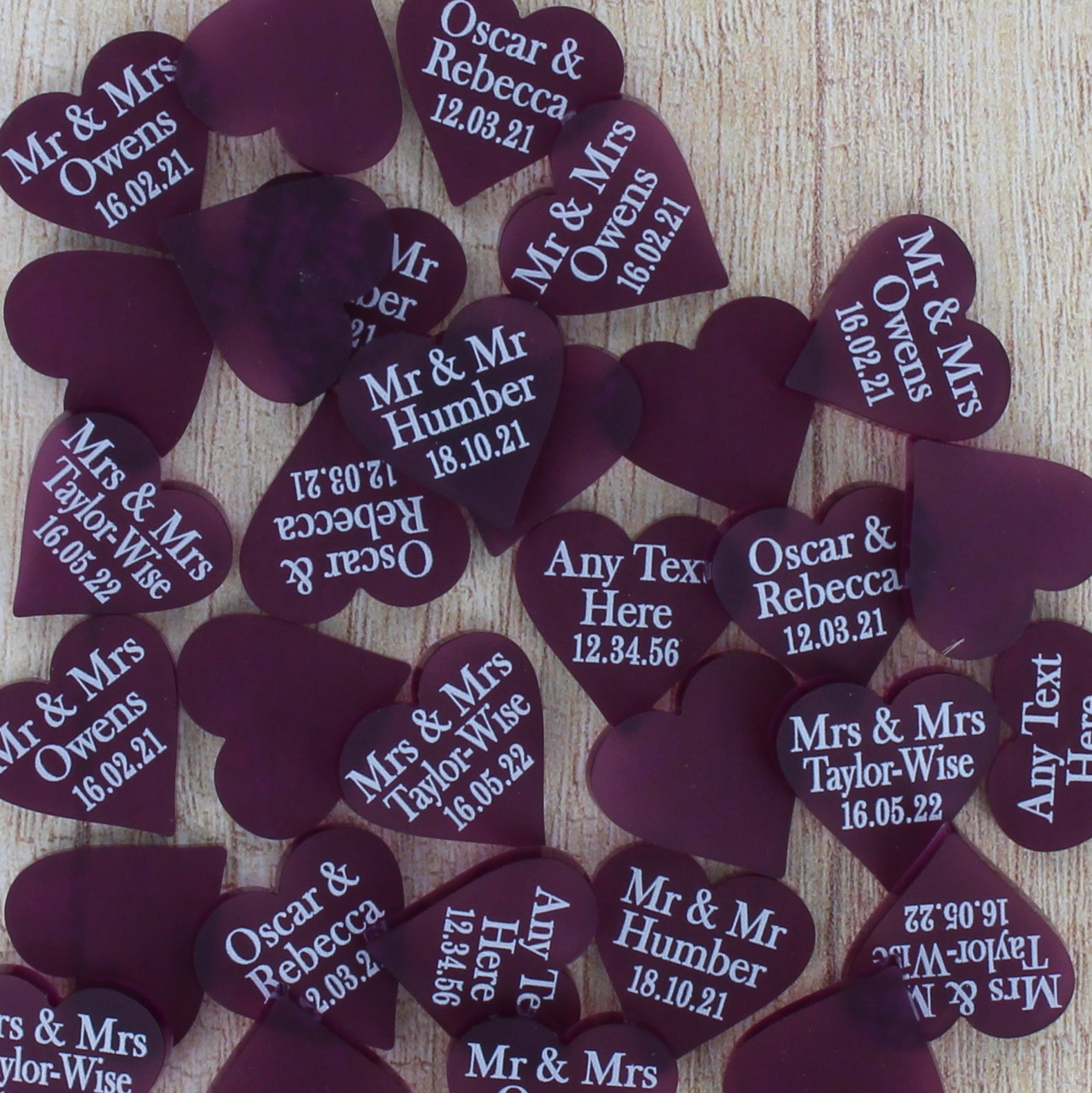 Personalised Wedding Favours - Frosted Plum Acrylic Love Hearts