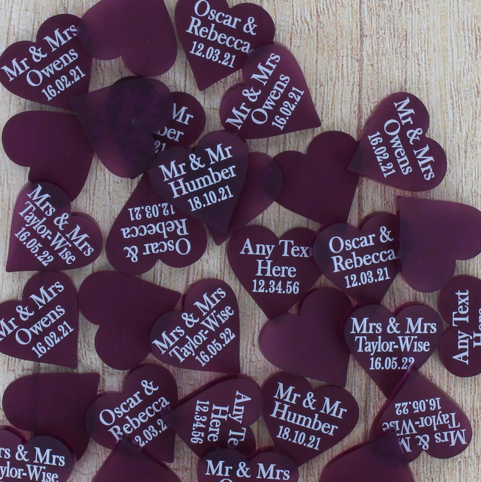 Personalised Wedding Favours - Frosted Plum Acrylic Love Hearts