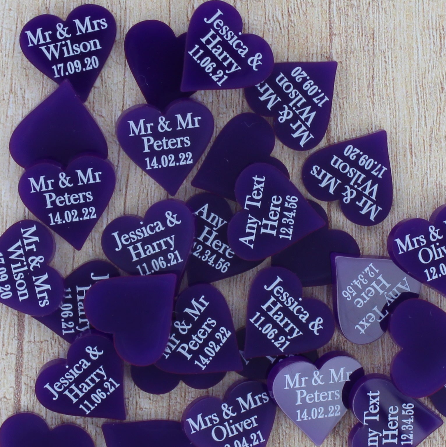 Personalised Wedding Favours - Glossy Purple Acrylic Love Hearts