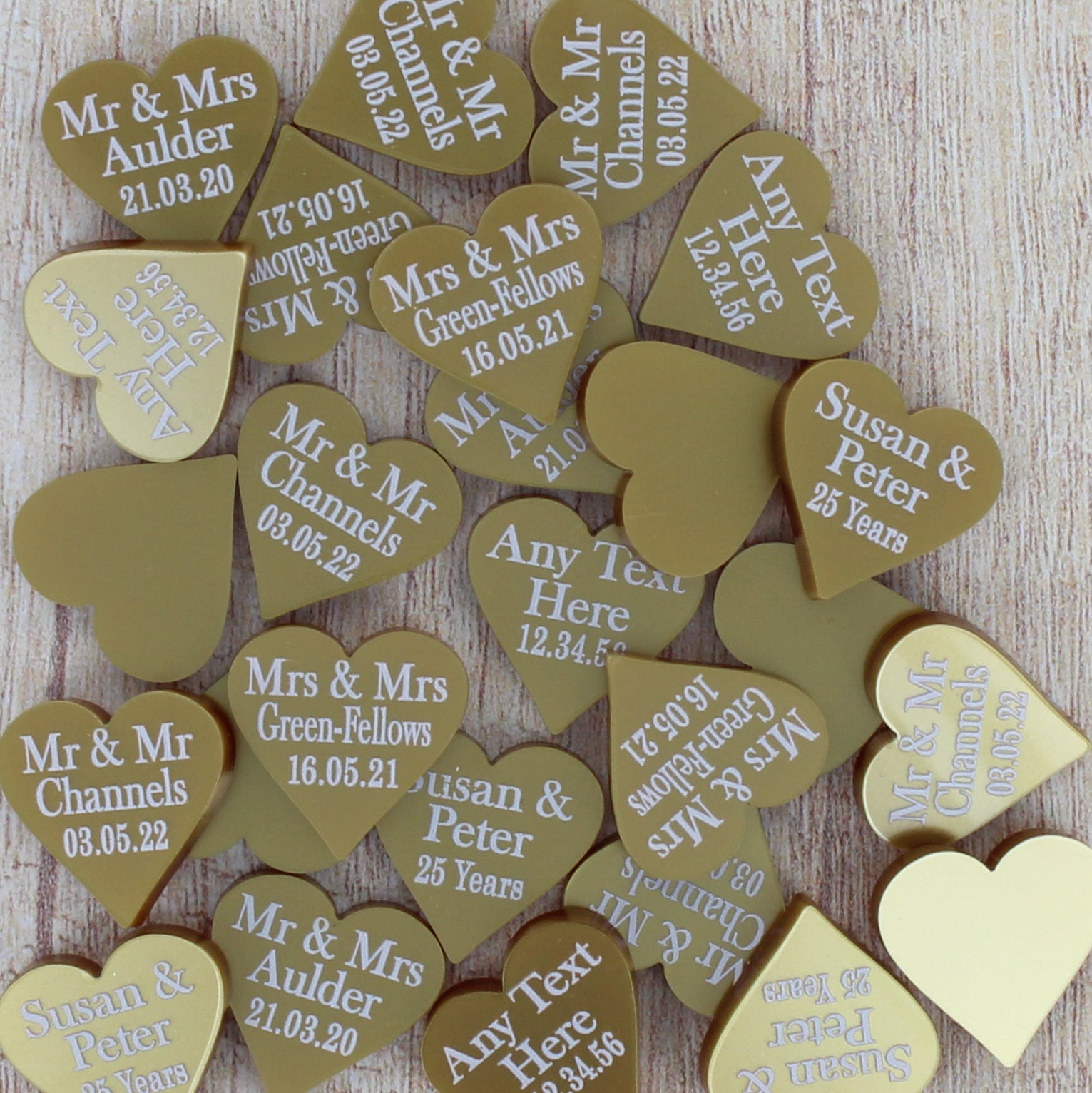 Personalised Wedding Favours - Metallic Gold Acrylic Love Hearts