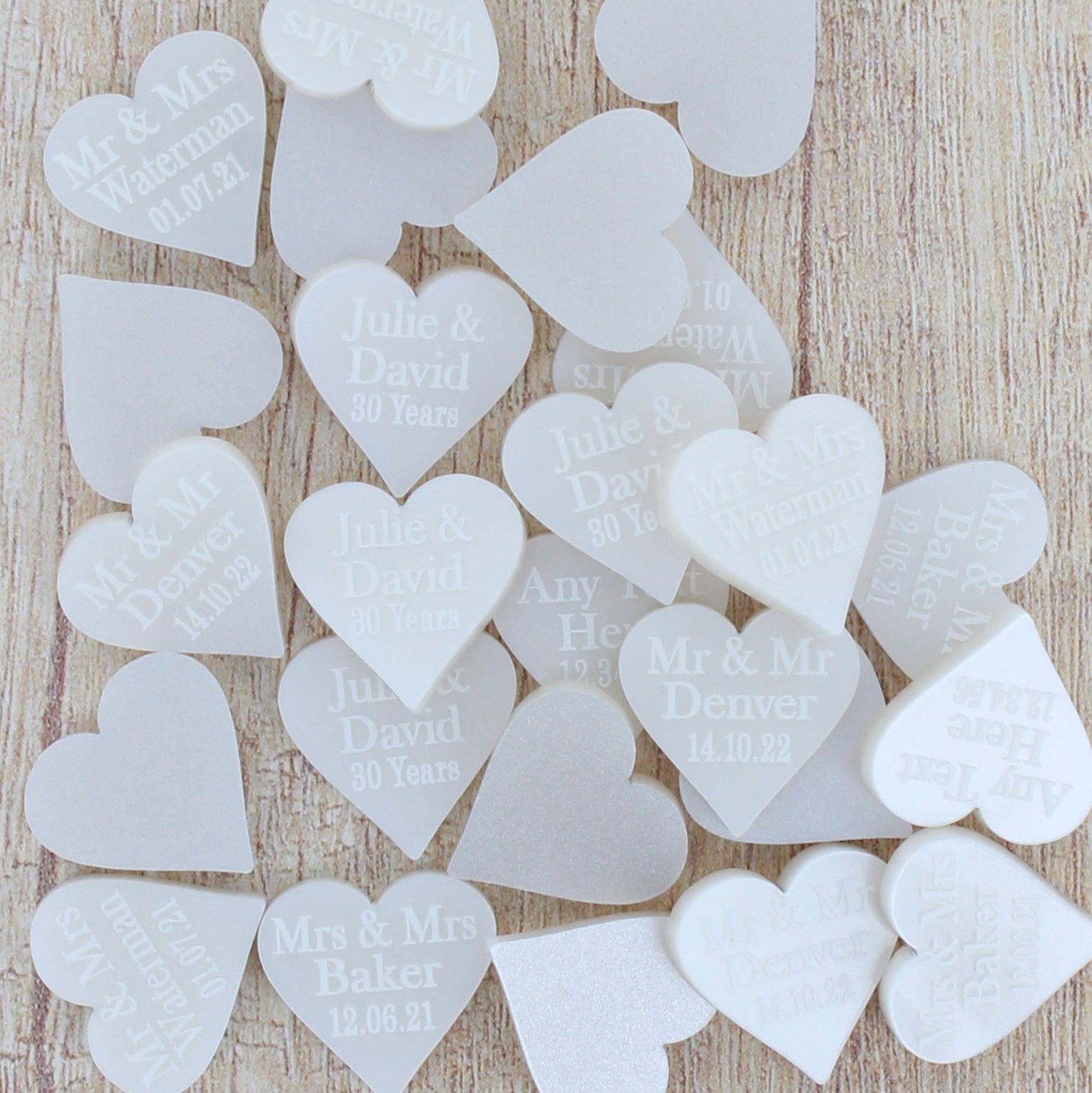 Personalised Wedding Favours - Pearlescent Pearl Acrylic Love Hearts