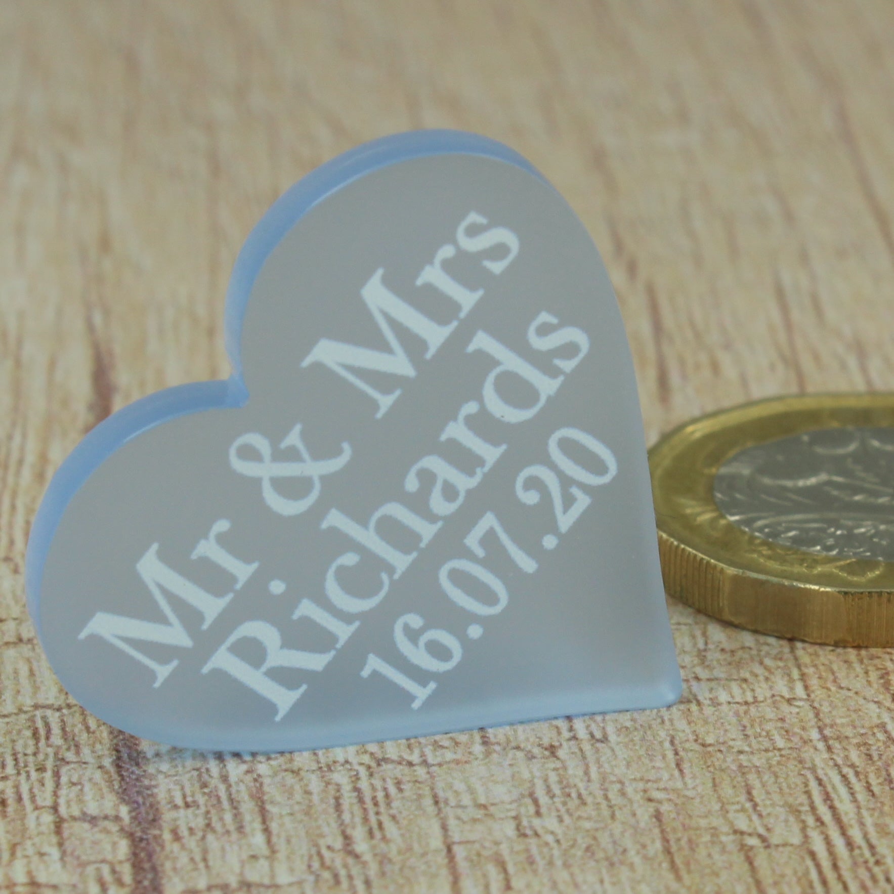 Personalised Wedding Favours - Frosted Pale Blue Acrylic Love Hearts