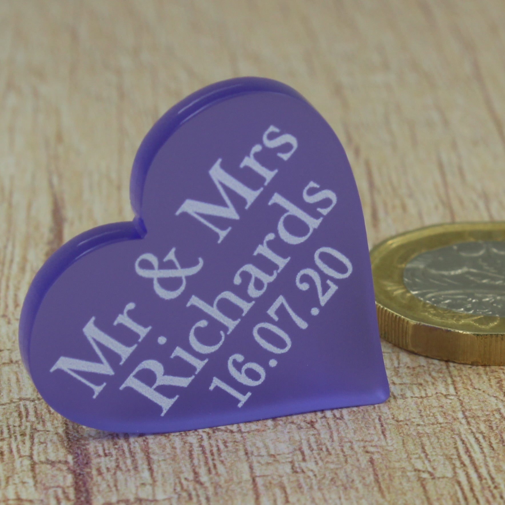 Personalised Wedding Favours - Frosted Purple Acrylic Love Hearts