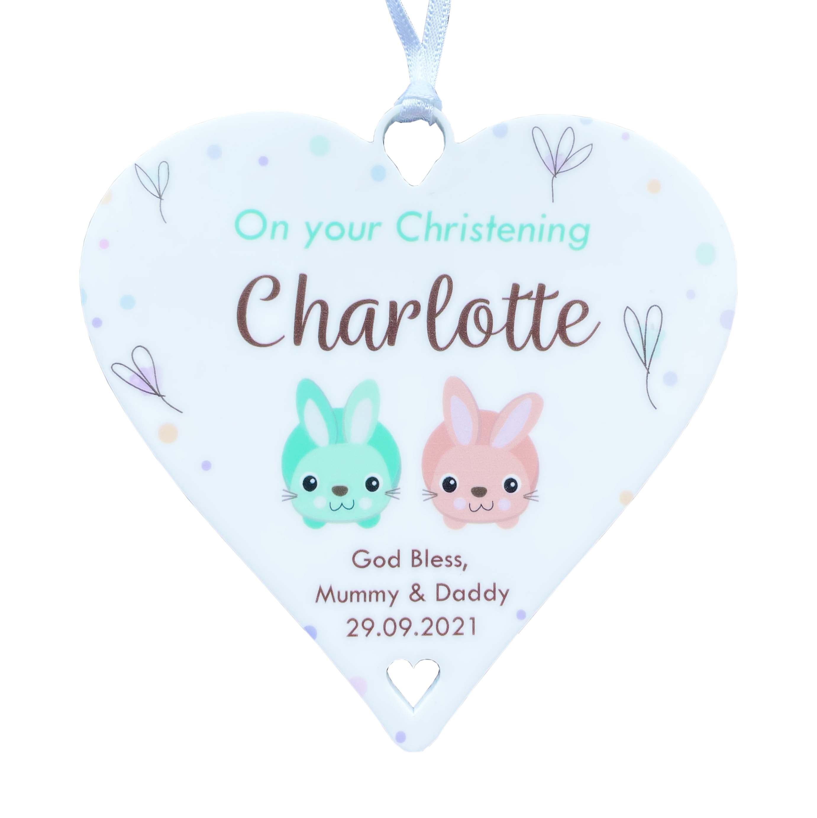 Personalised Christening Gifts / Naming Day Bunnies Keepsake - 10cm Heart