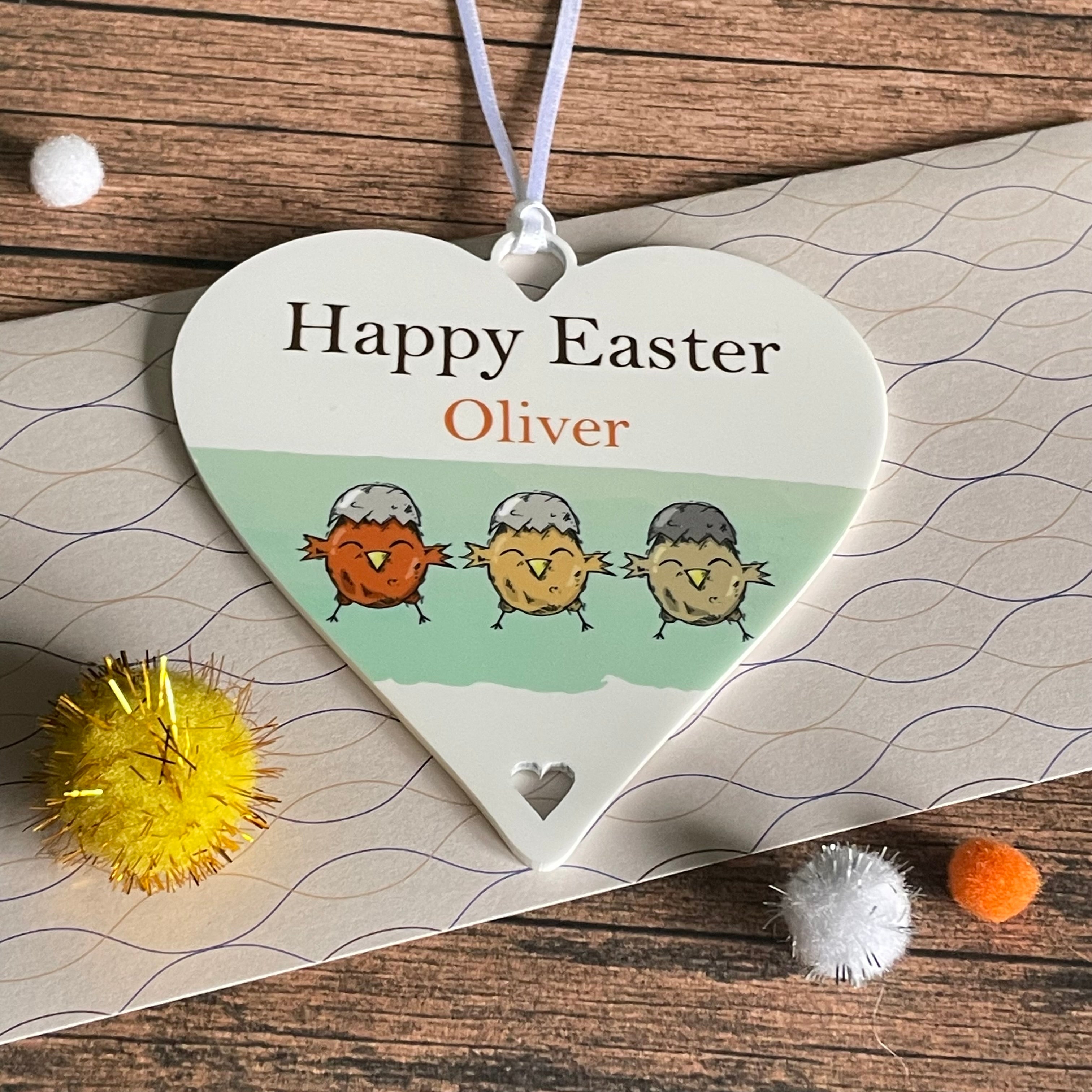 Happy Easter Gift Personalised Easter Chicks Hanging Decoration - 10cm Heart