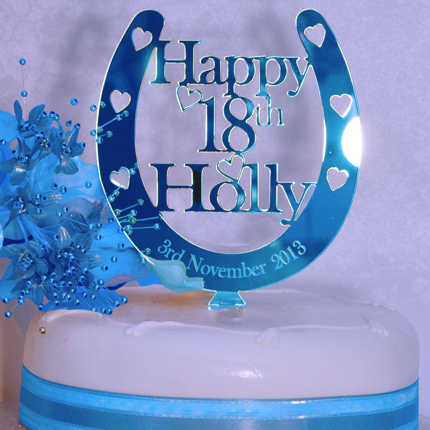 Birthday Cake Topper Personalised Name / Age Horseshoe Decoration - Blue
