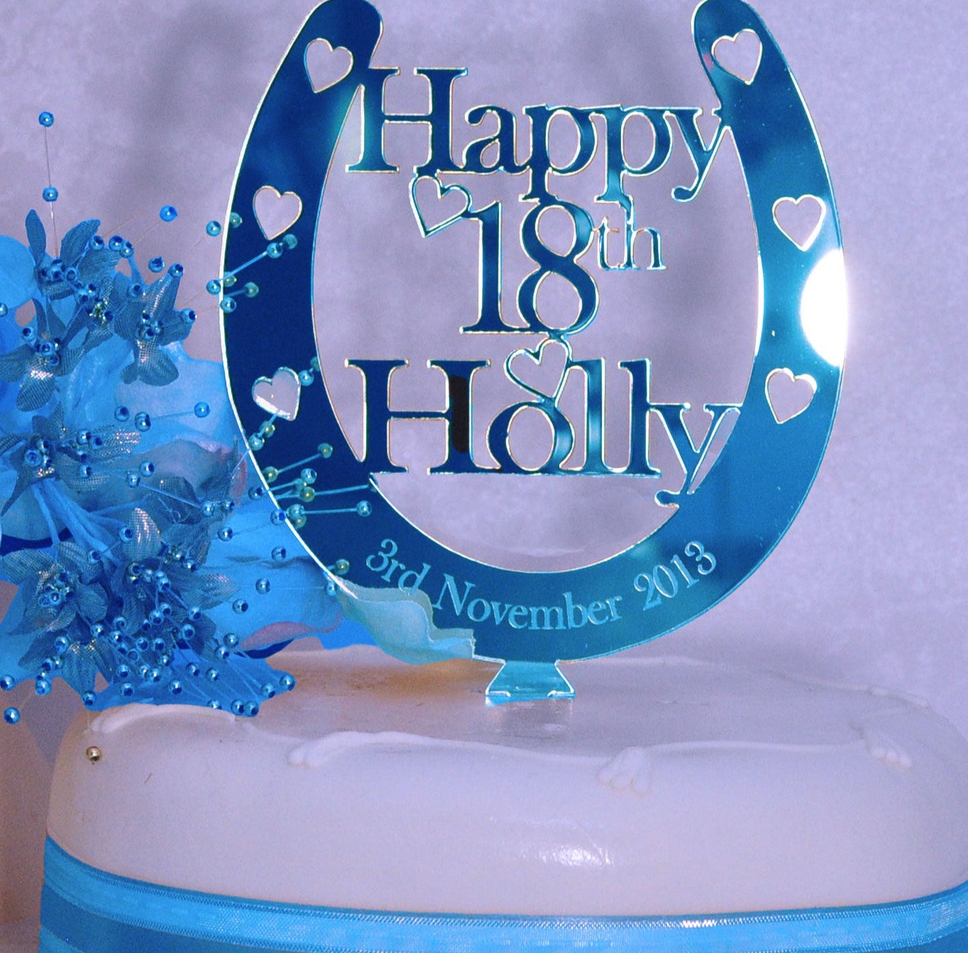 Birthday Cake Topper Personalised Name / Age Horseshoe Decoration - Blue