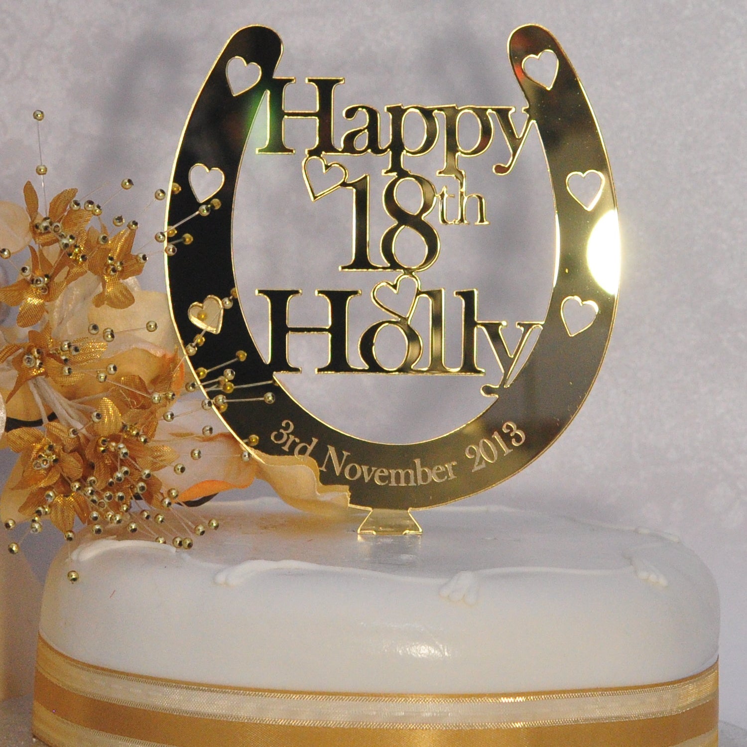 Birthday Cake Topper Personalised Name / Age Horseshoe Decoration - Gold