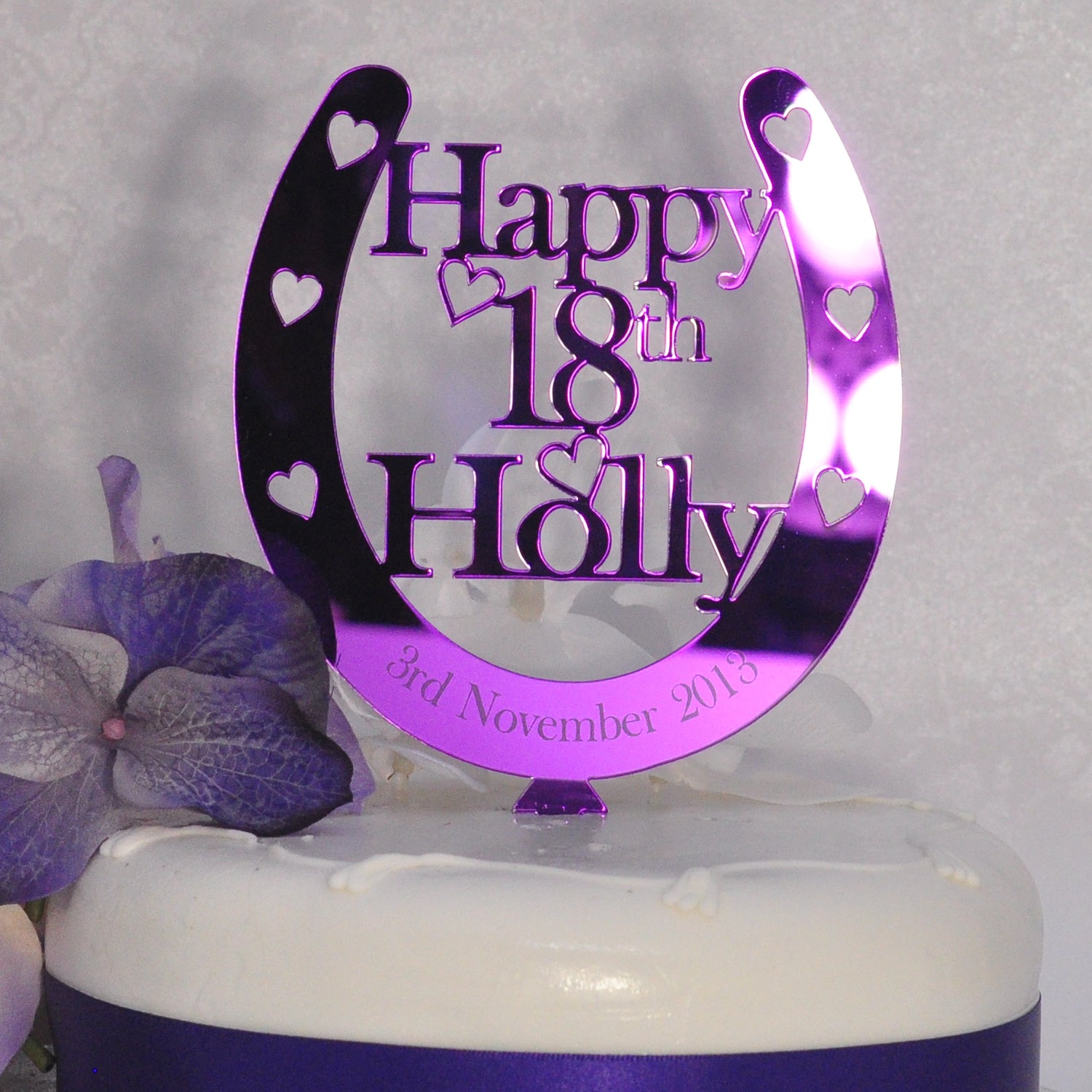Birthday Cake Topper Personalised Name / Age Horseshoe Decoration - Purple