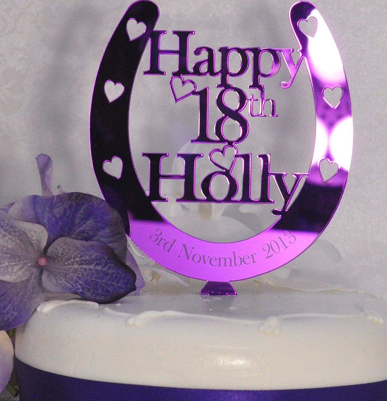 Birthday Cake Topper Personalised Name / Age Horseshoe Decoration - Purple