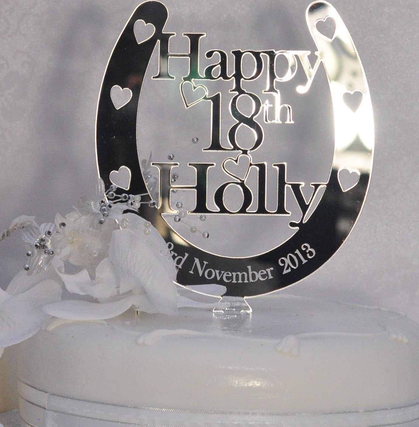 Birthday Cake Topper Personalised Name / Age Horseshoe Decoration - Silver