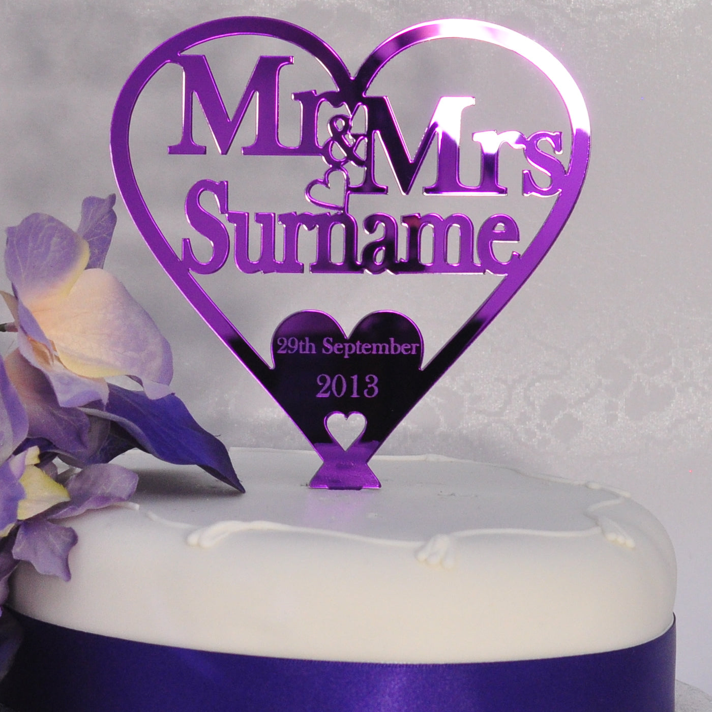Wedding Cake Topper Love Heart Decoration - Purple Mirror Acrylic