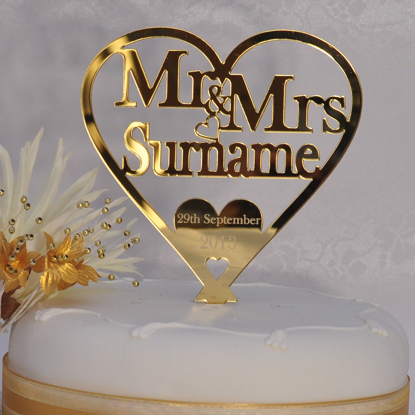 Wedding Cake Topper Love Heart Decoration - Gold Mirror Acrylic