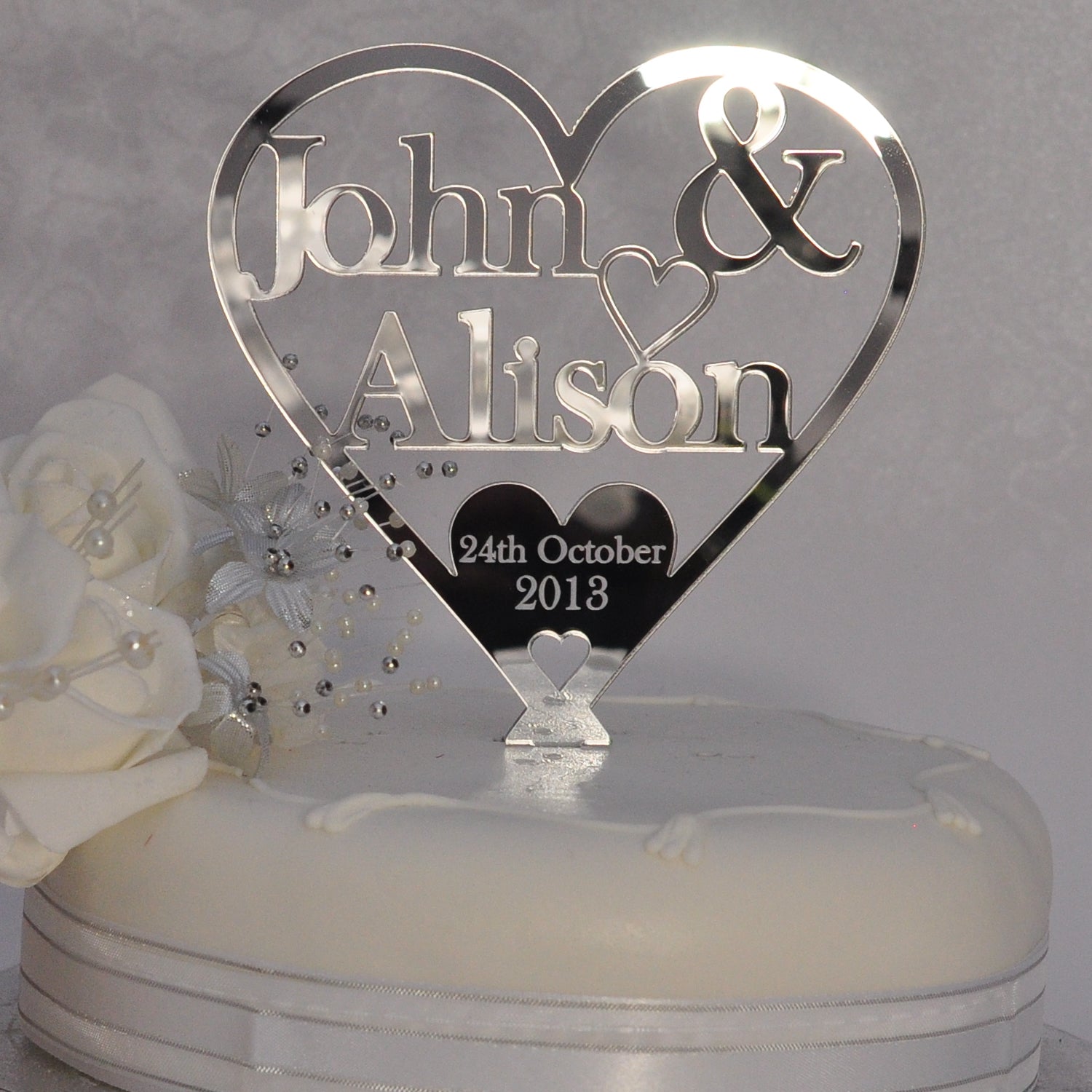 Two Names Heart Cake Topper Personalised Wedding / Anniversary Decoration - Silver Mirror Acrylic