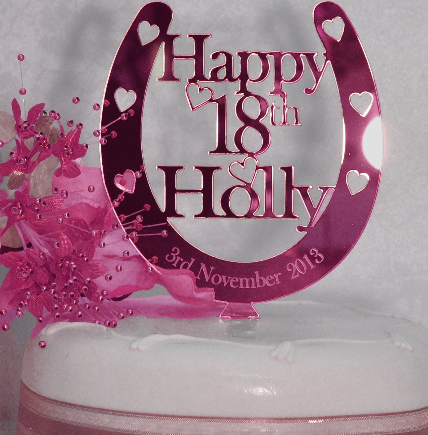 Birthday Cake Topper Personalised Name / Age Horseshoe Decoration - Pink