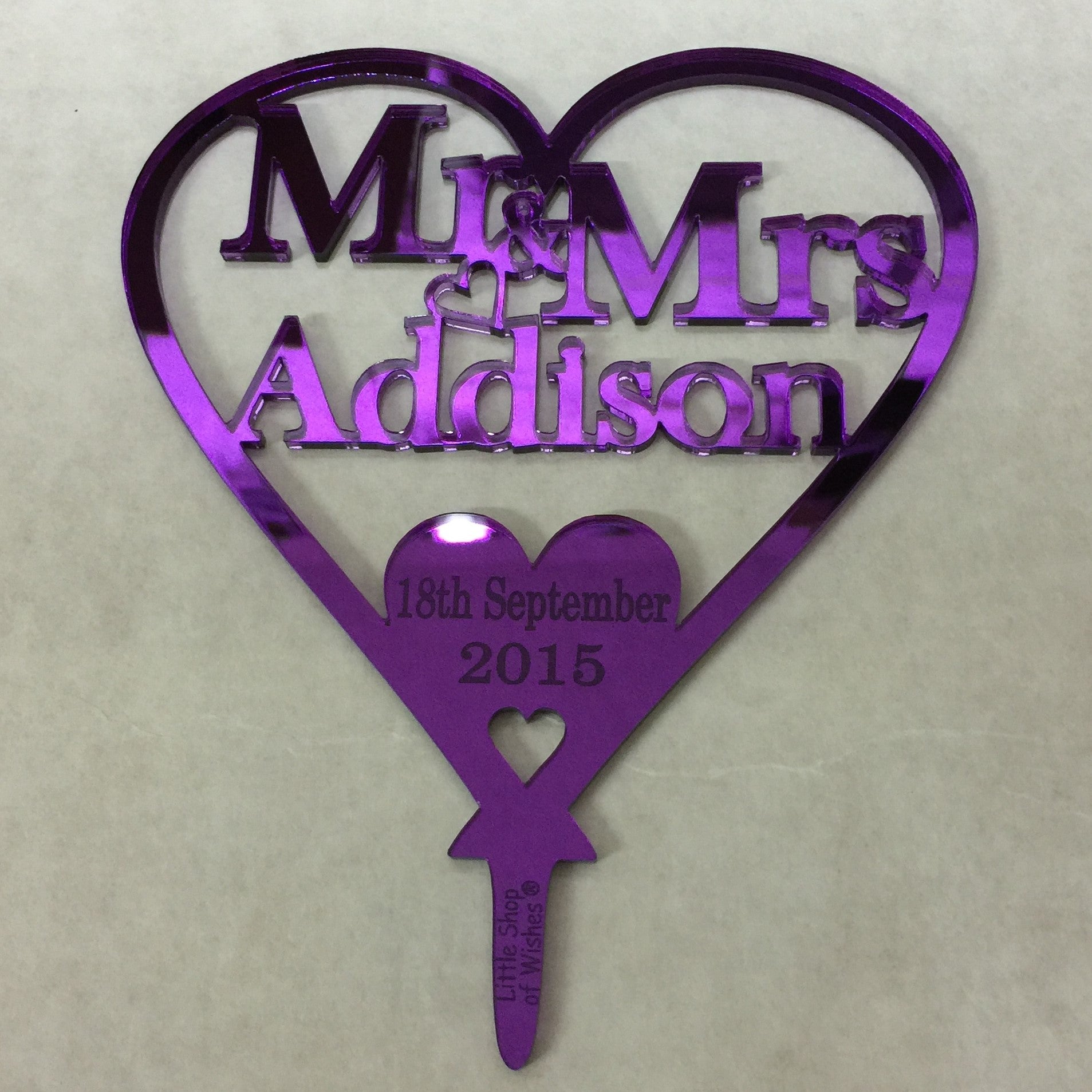 Wedding Cake Topper Love Heart Decoration - Purple Mirror Acrylic