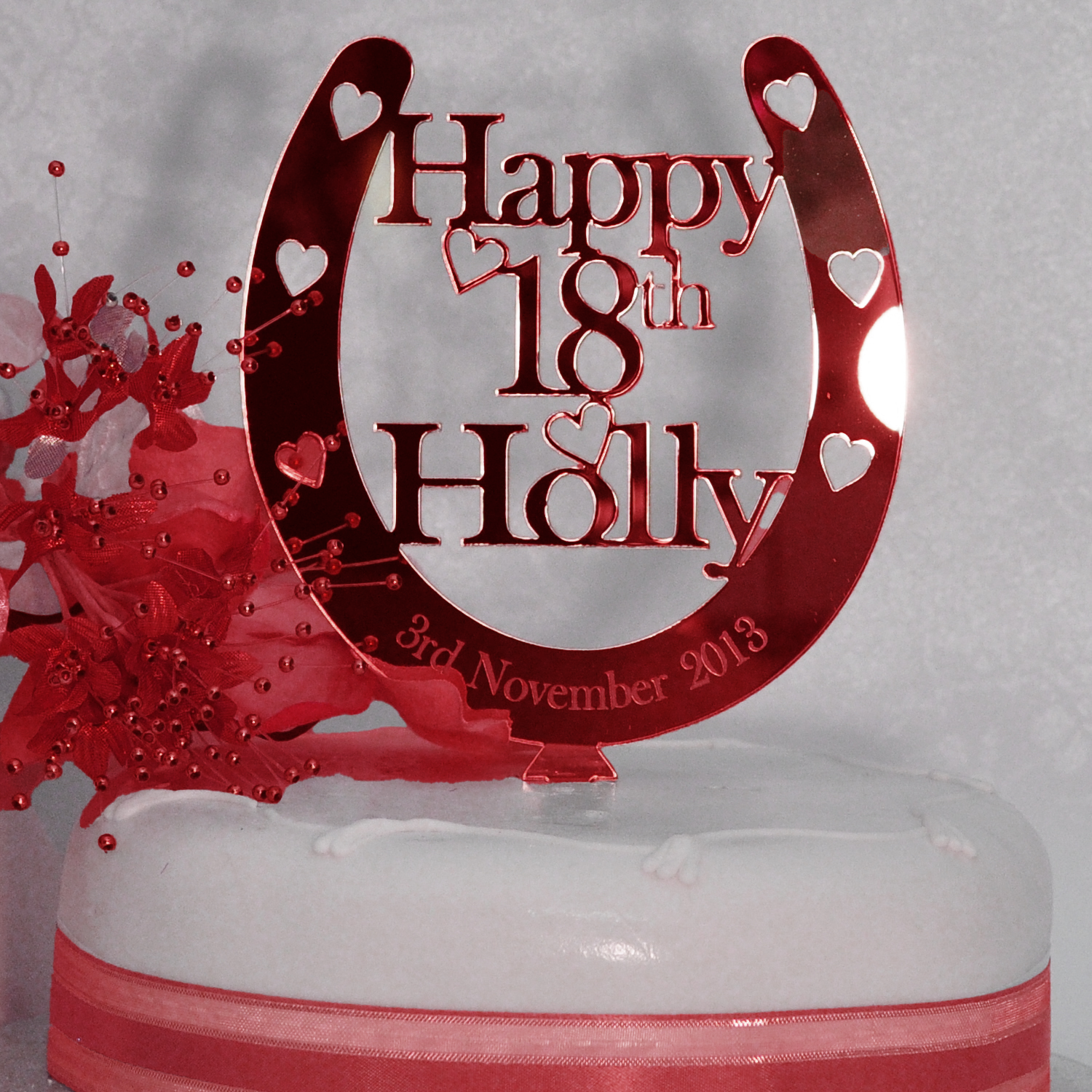Birthday Cake Topper Personalised Name / Age Horseshoe Decoration - Red