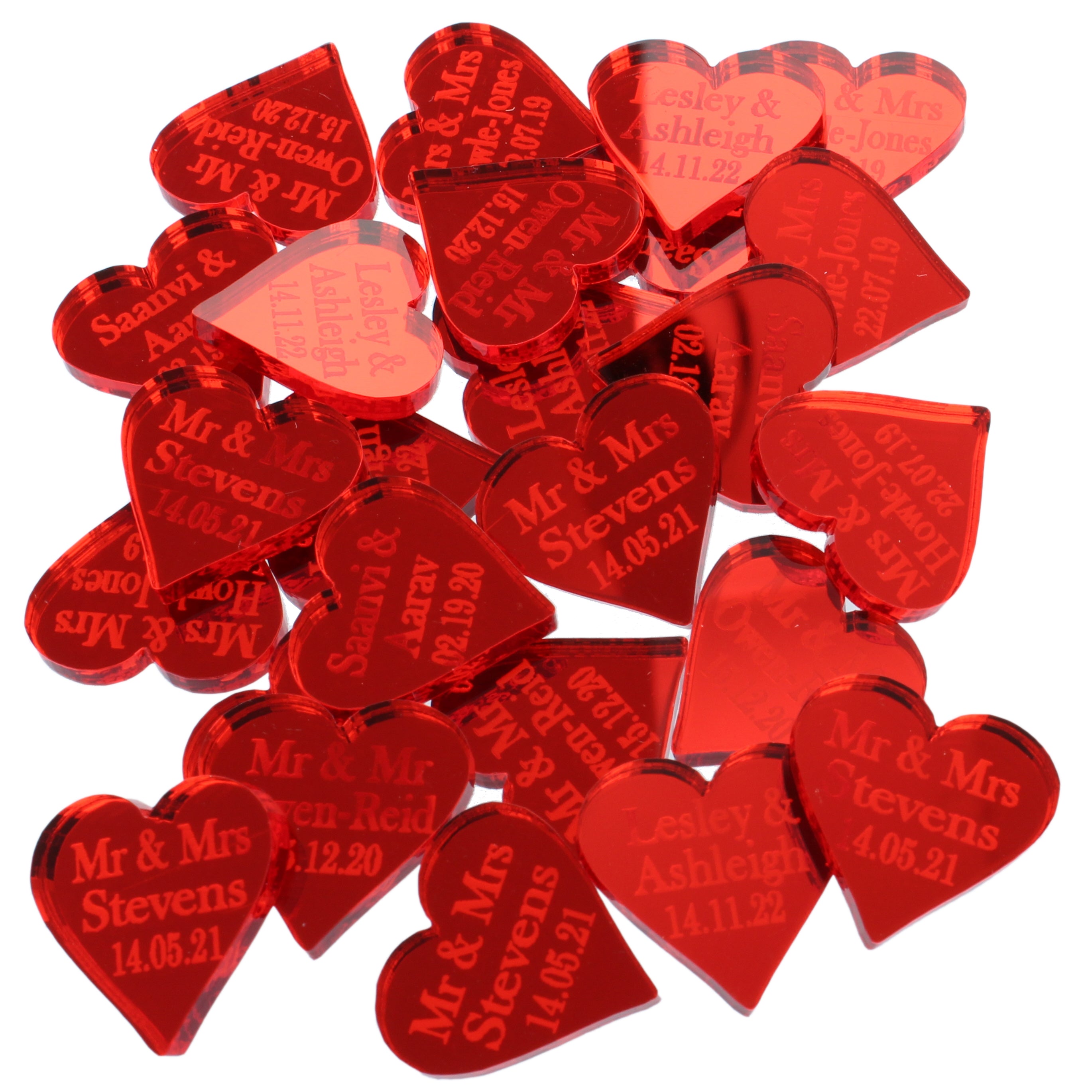 Personalised Wedding Favours - Red Mirror Acrylic Love Hearts