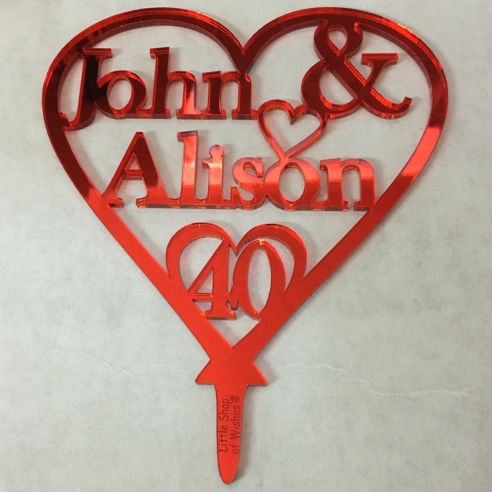 40th Ruby Wedding Anniversary Cake Topper Love Heart Decoration - Red Mirror Acrylic