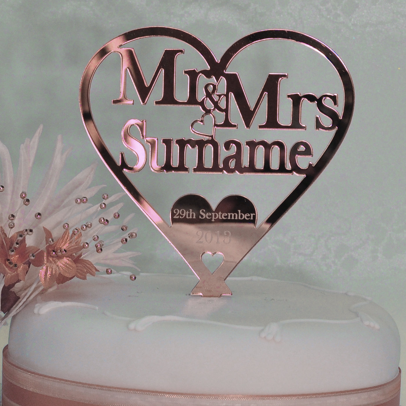 Wedding Cake Topper Love Heart Decoration - Rose Gold Mirror Acrylic