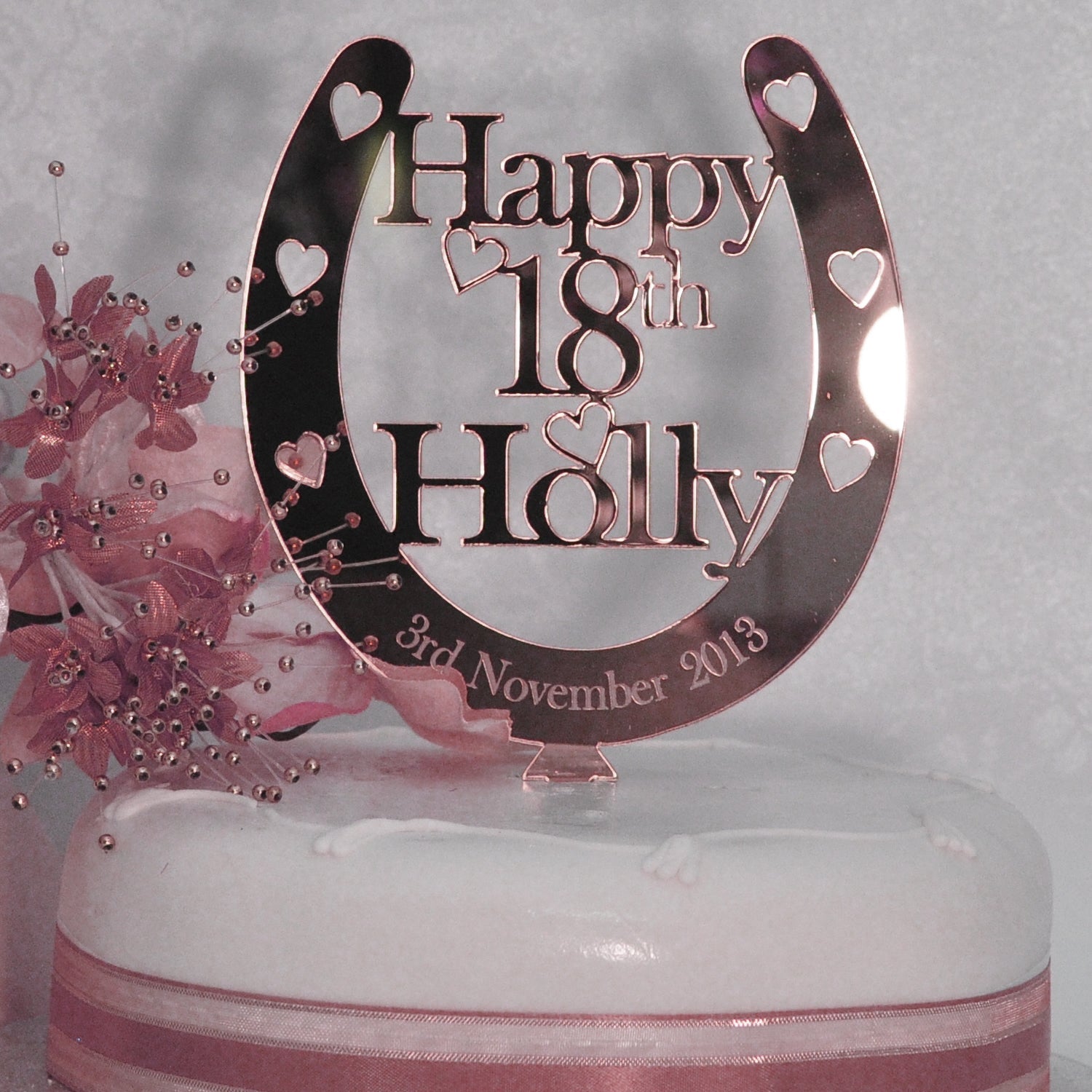 Birthday Cake Topper Personalised Name / Age Horseshoe Decoration - Rose Gold