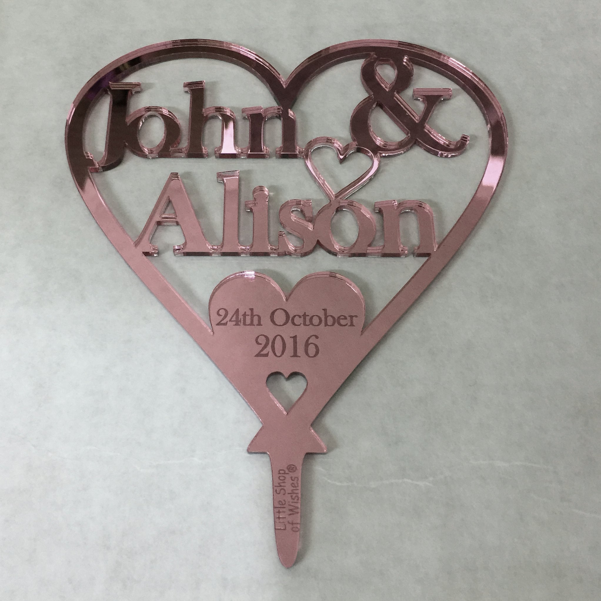Two Names Heart Cake Topper Personalised Wedding Decoration - Rose Gold Mirror Acrylic