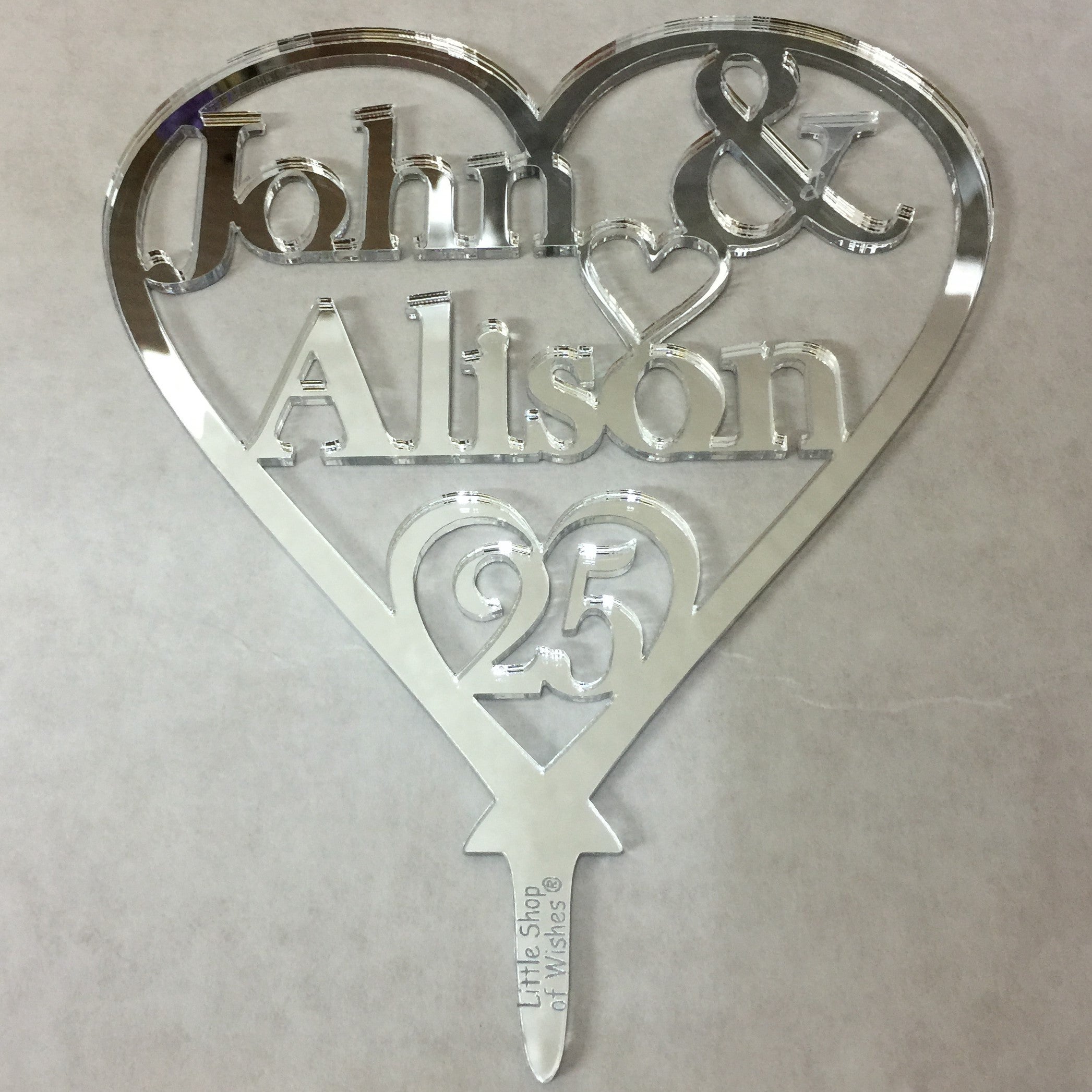 25th Silver Wedding Anniversary Cake Topper Love Heart Decoration - Silver Mirror Acrylic