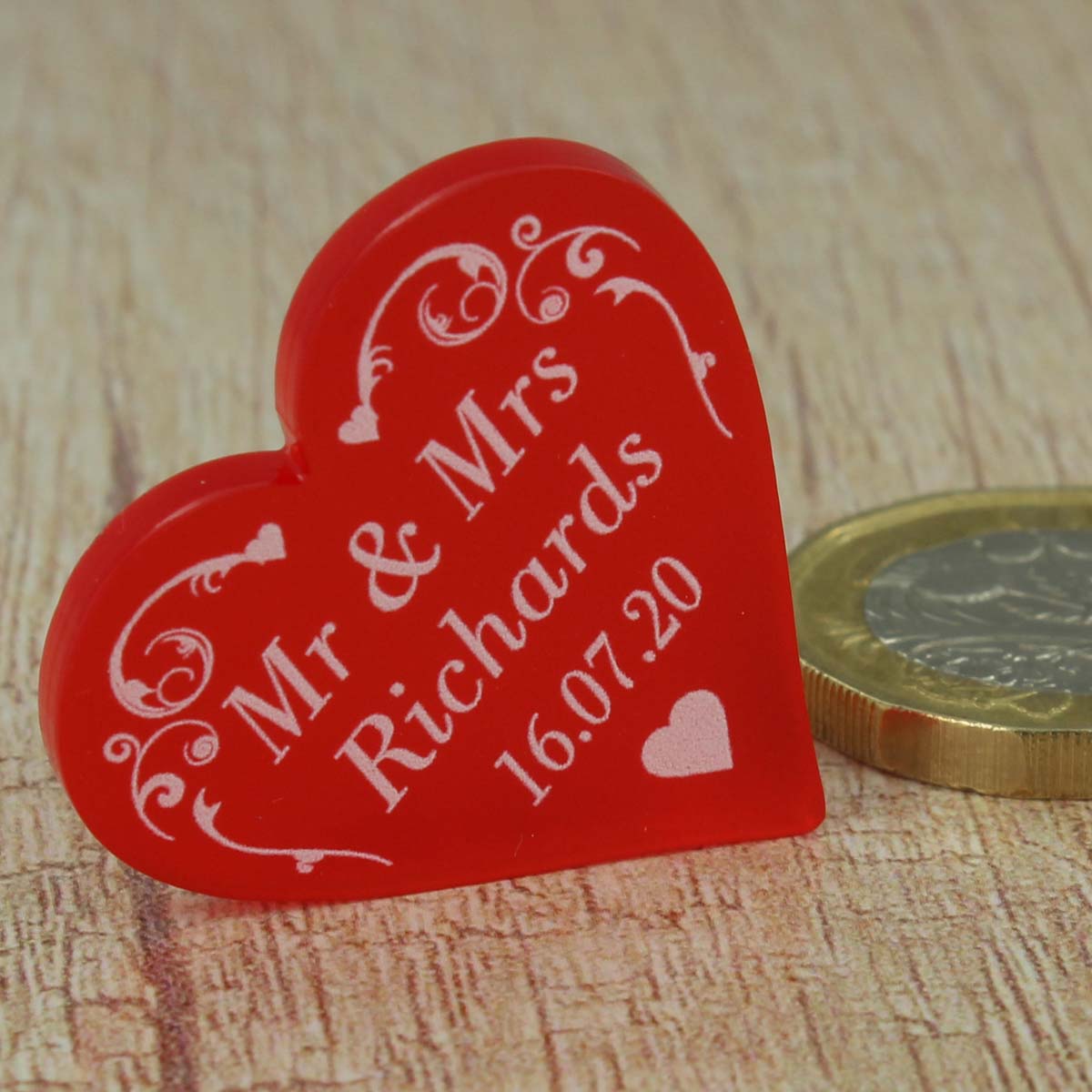 Personalised Wedding Favours - Frosted Red Acrylic Swirl Love Hearts