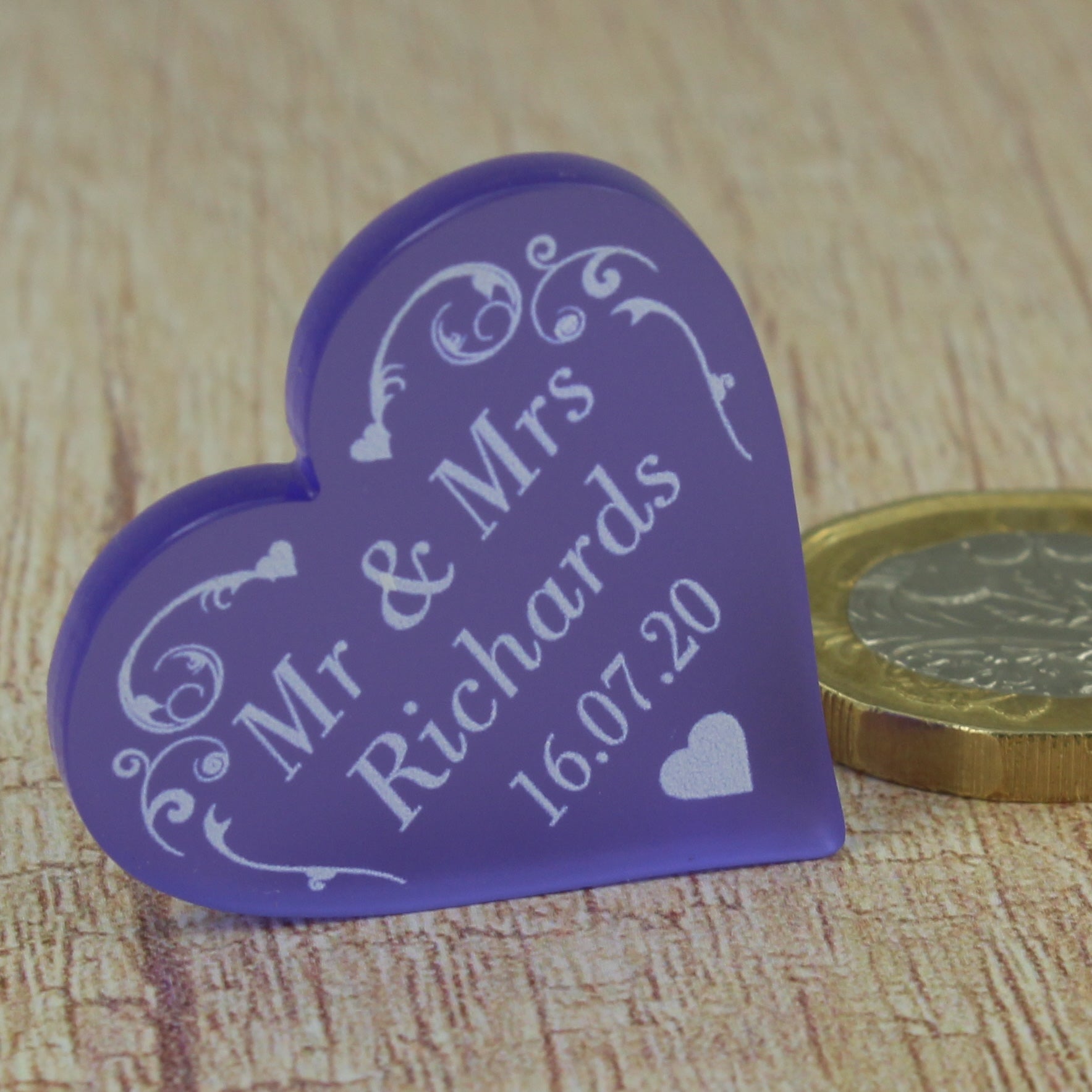 Personalised Wedding Favours - Frosted Purple Acrylic Swirl Love Hearts