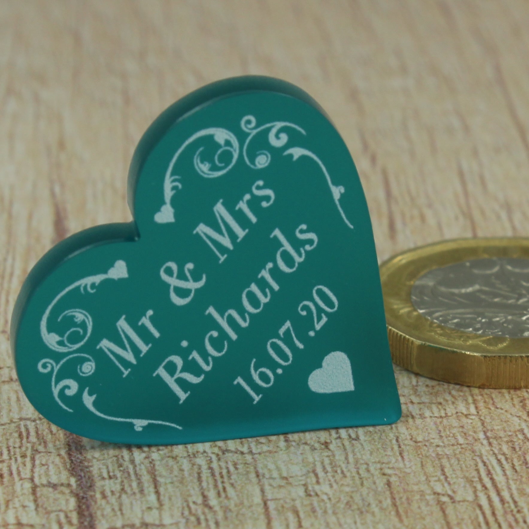 Personalised Wedding Favours - Frosted Teal Acrylic Swirl Love Hearts