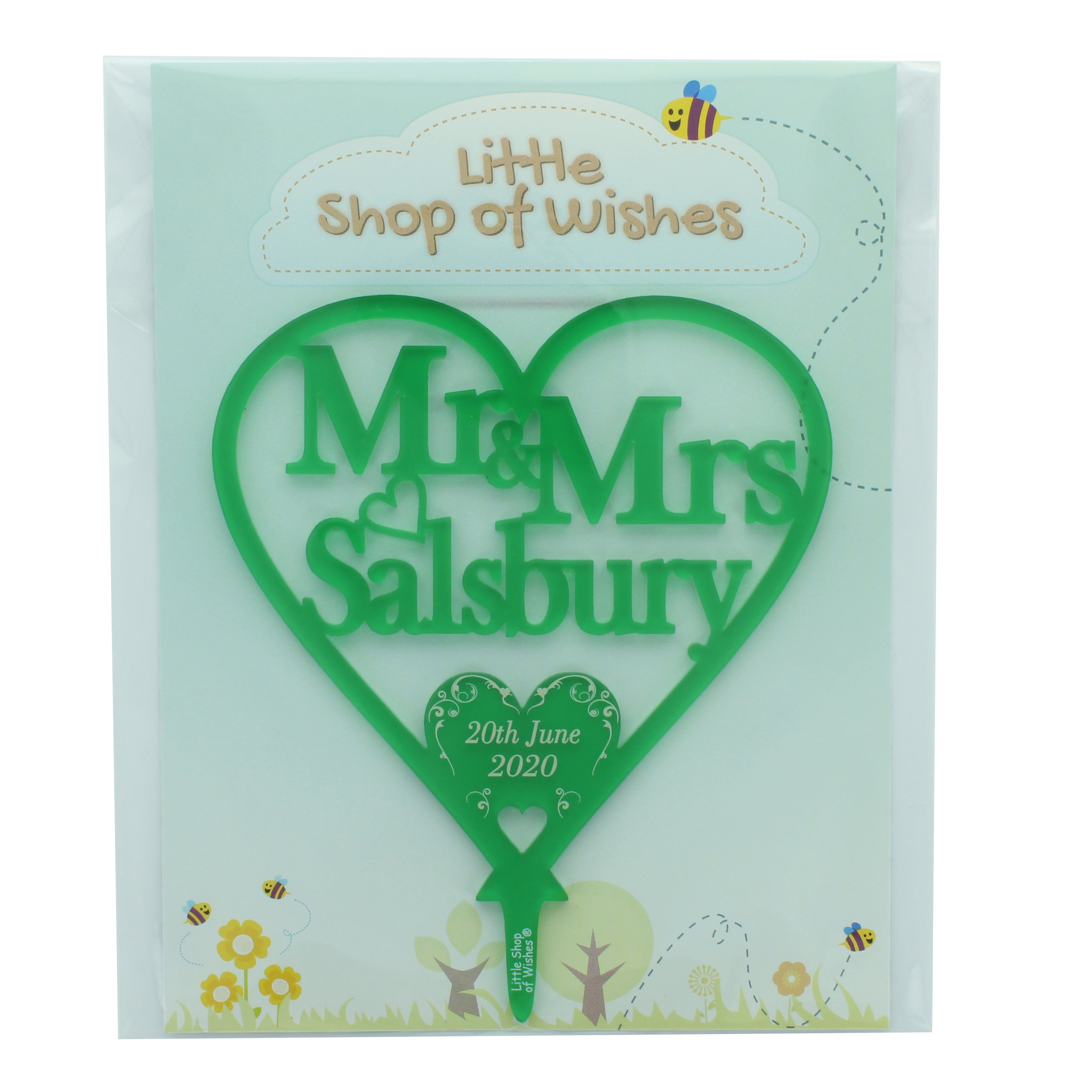 Wedding Cake Topper Swirl Love Heart Decoration - Frosted Green Acrylic