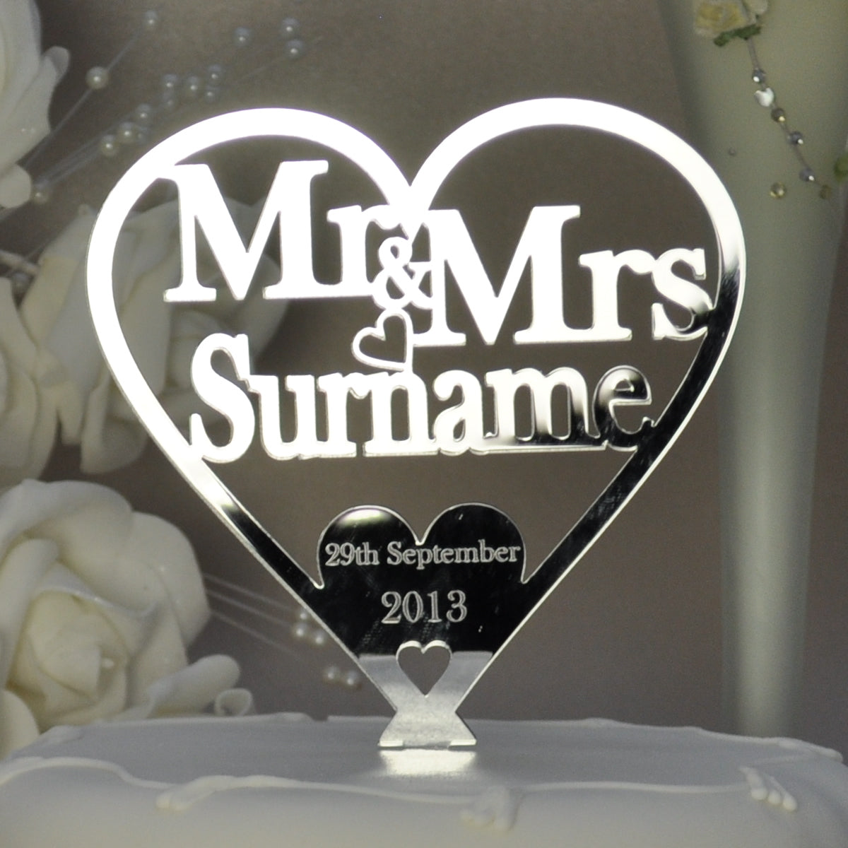 Wedding Cake Topper Love Heart Decoration - Silver Mirror Acrylic
