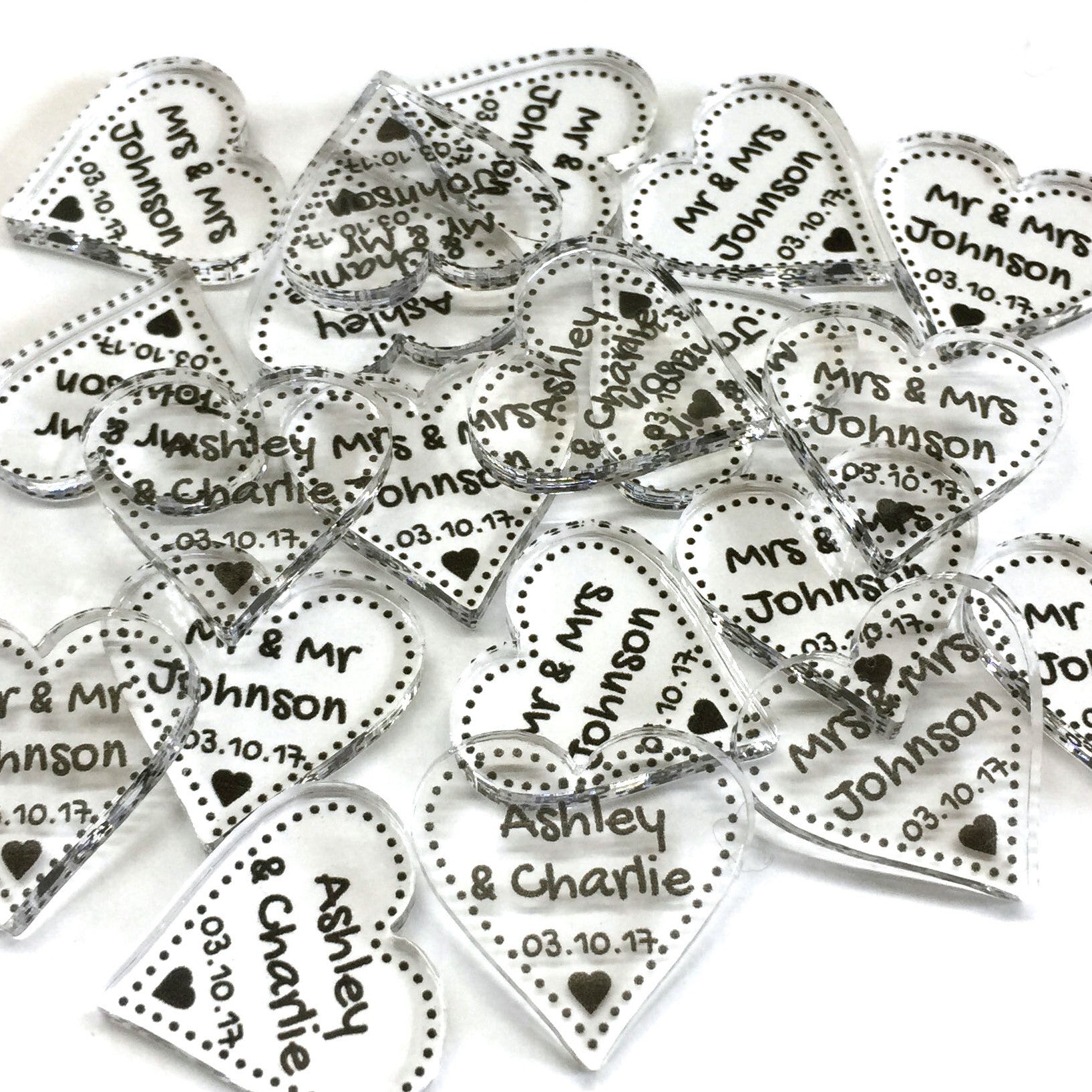Personalised Wedding Favours - Clear Acrylic + Black Dotty Love Hearts