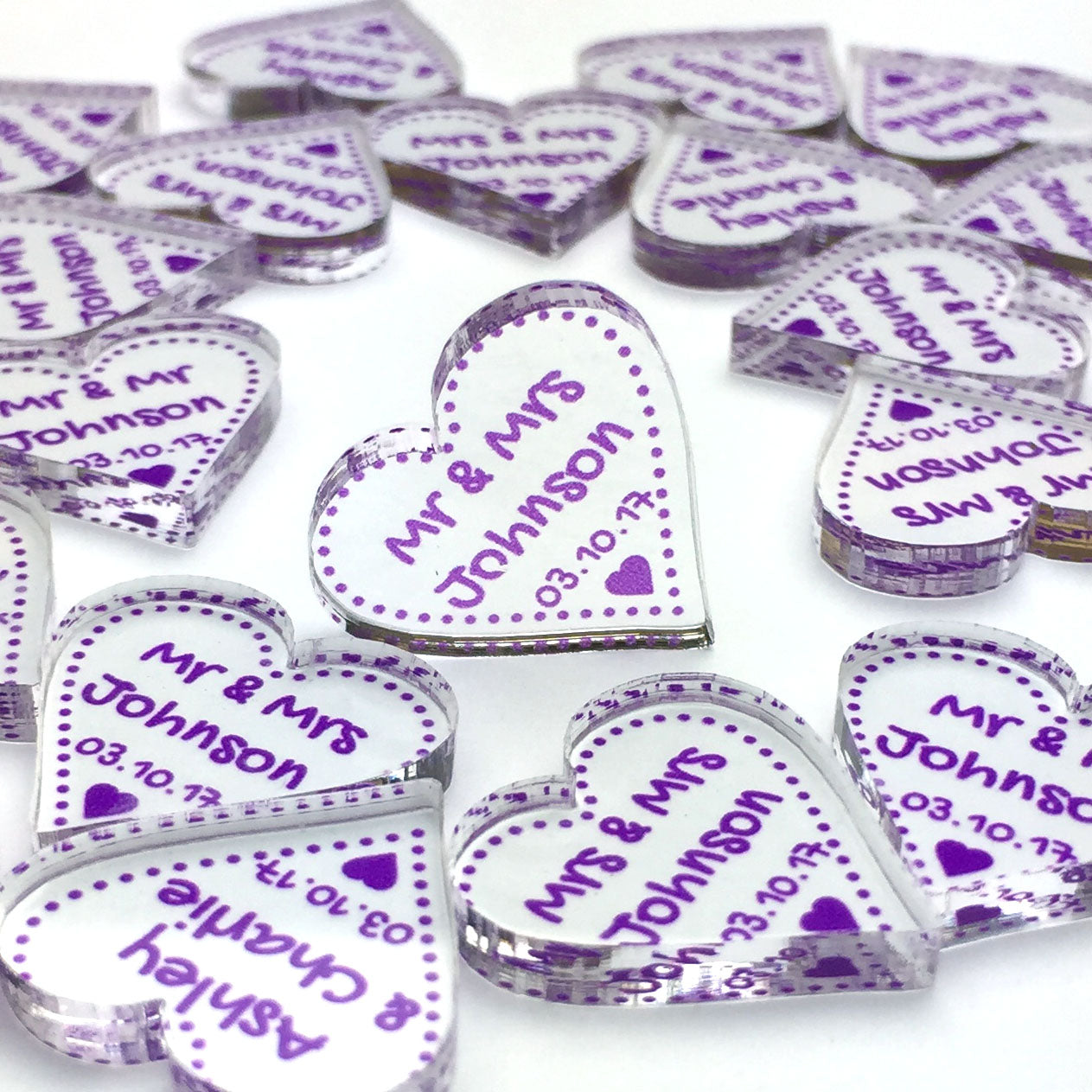 Personalised Wedding Favours - Clear Acrylic + Purple Acrylic Love Hearts