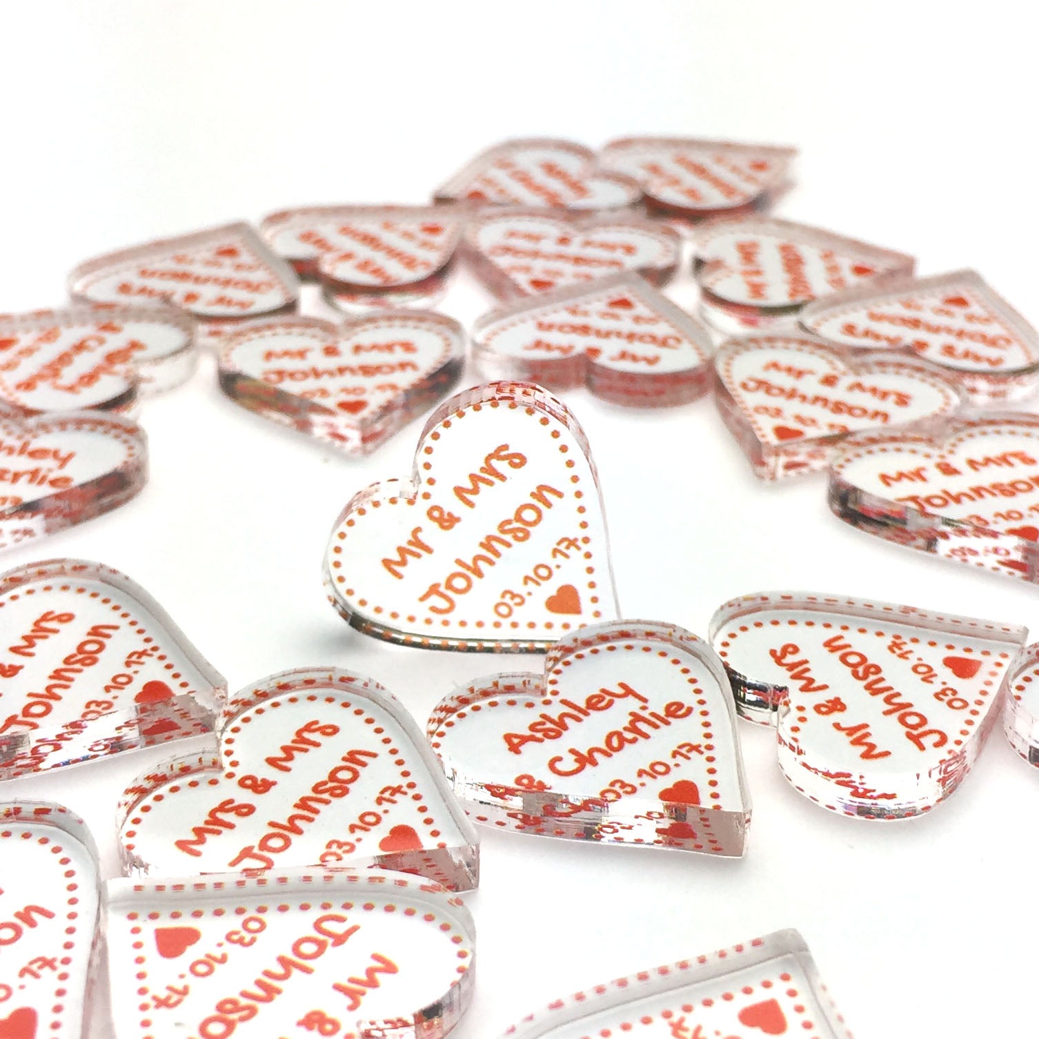 Personalised Wedding Favours - Clear Acrylic + Terracotta Red Acrylic Love Hearts