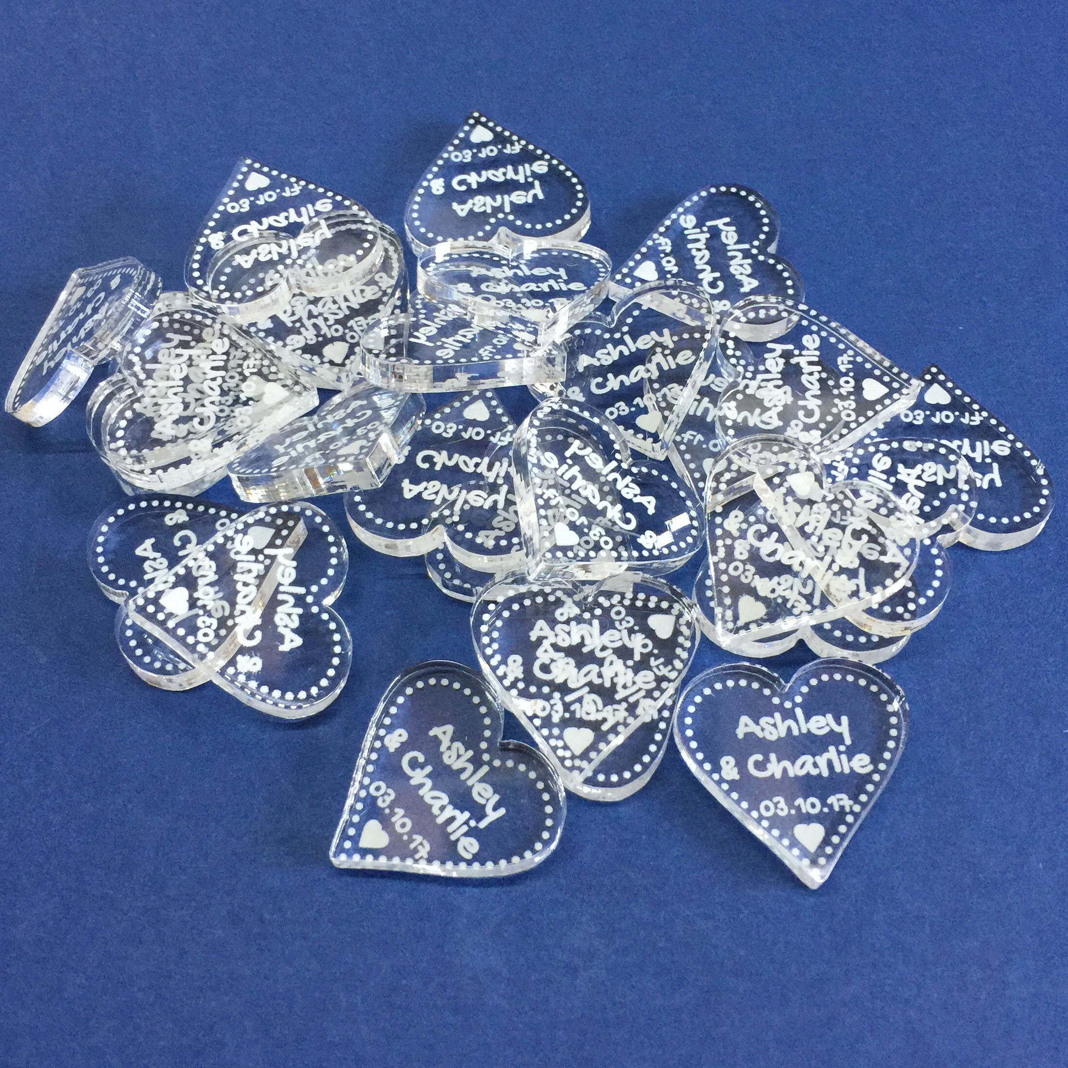 Personalised Wedding Favours - Clear Acrylic + White Dotty Love Hearts