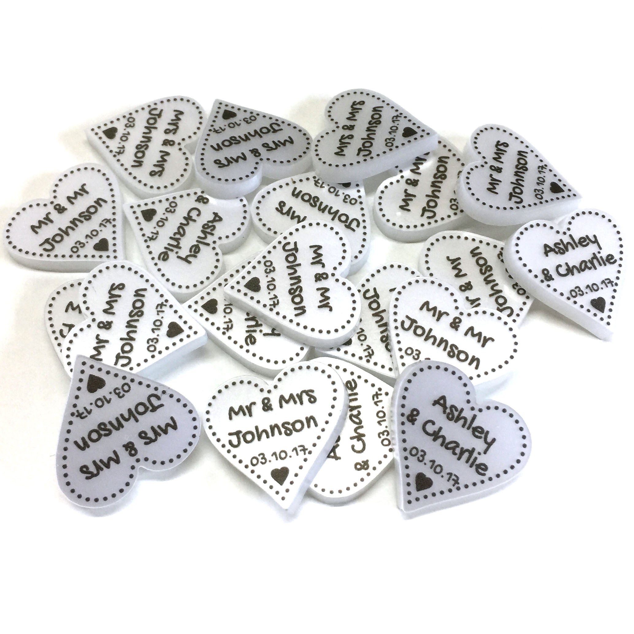 Personalised Wedding Favours - Pearlescent Acrylic + Black Dotty Love Hearts