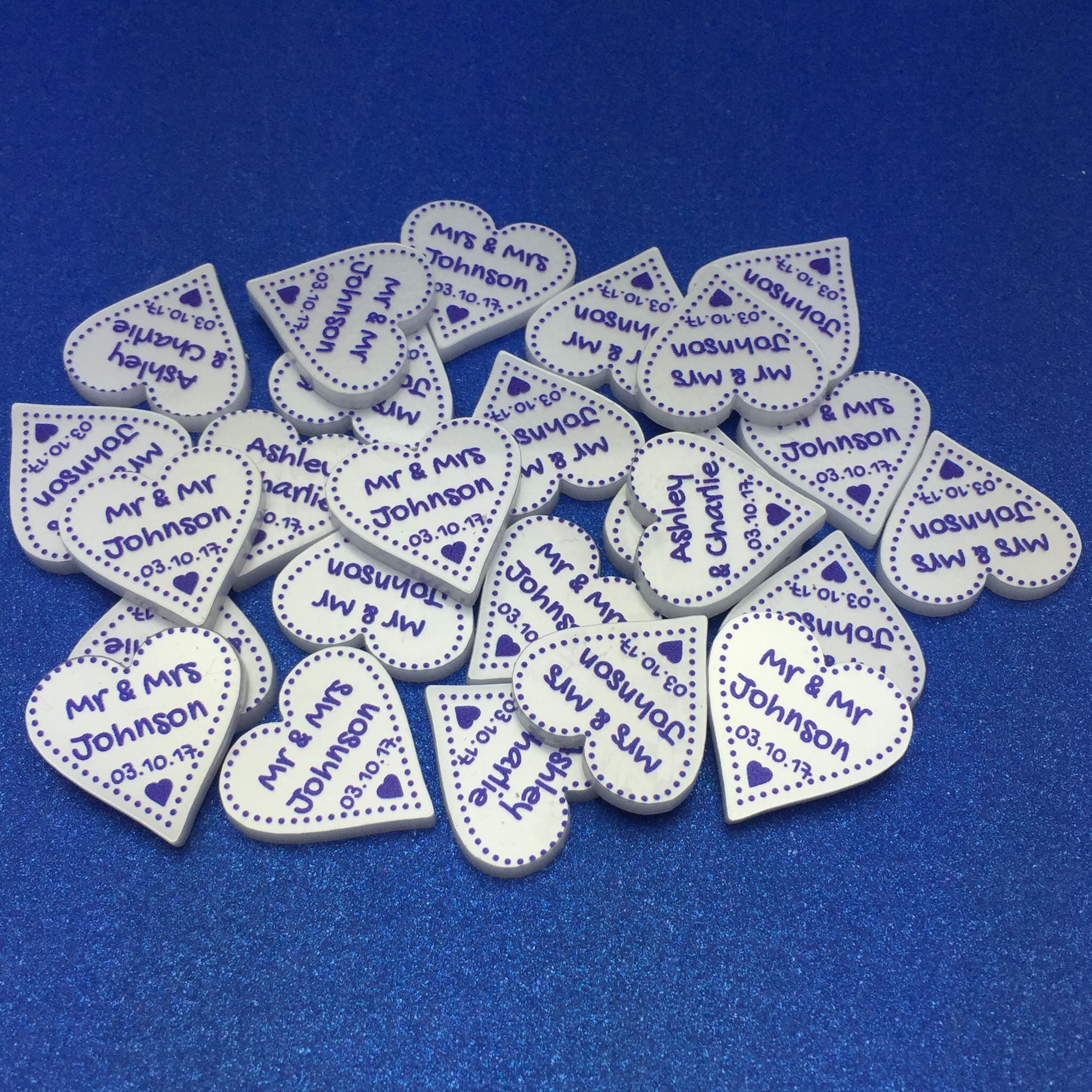 Personalised Wedding Favours - Pearlescent Acrylic + Dark Blue Dotty Love Hearts