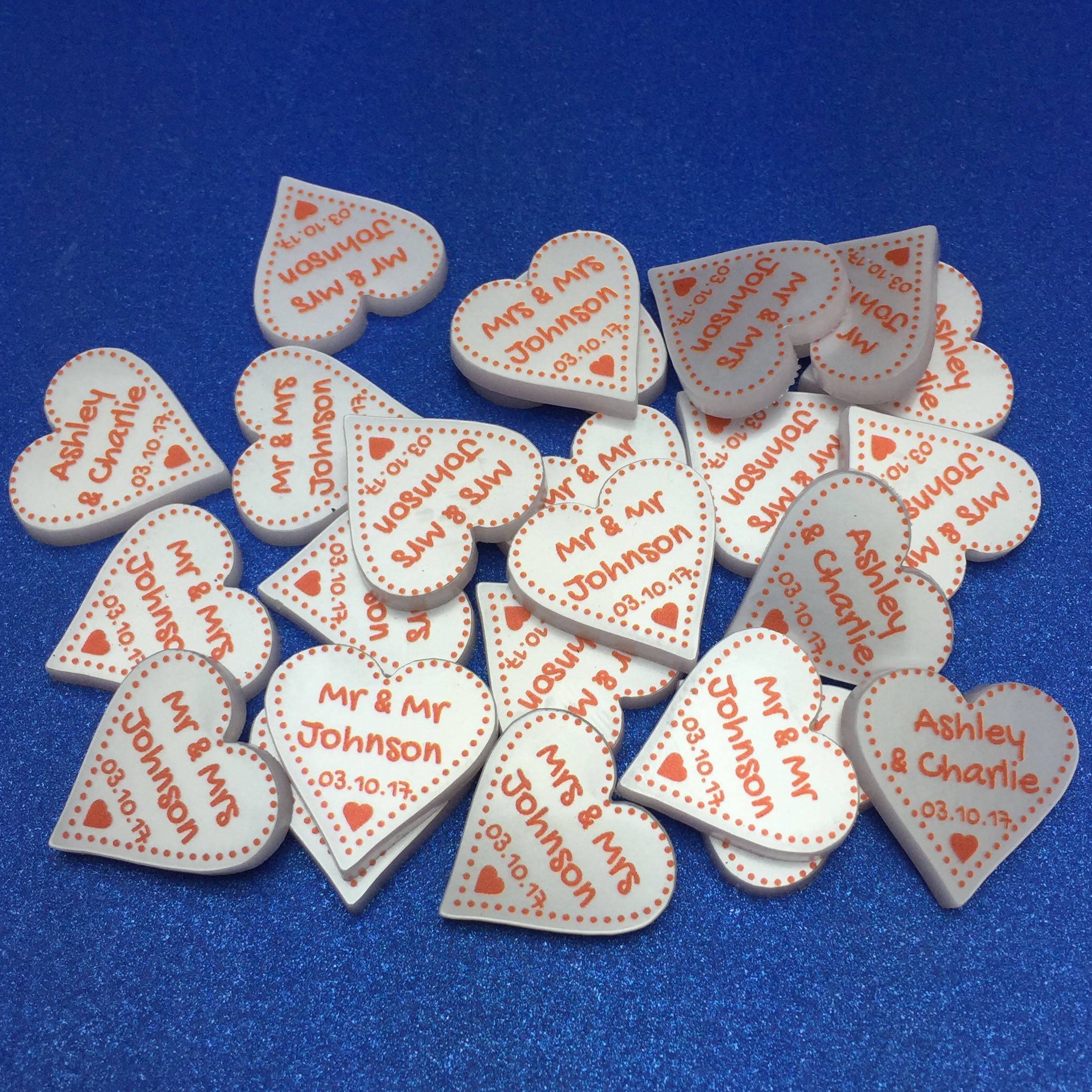 Personalised Wedding Favours - Pearlescent Acrylic + Terracotta Red Dotty Love Hearts