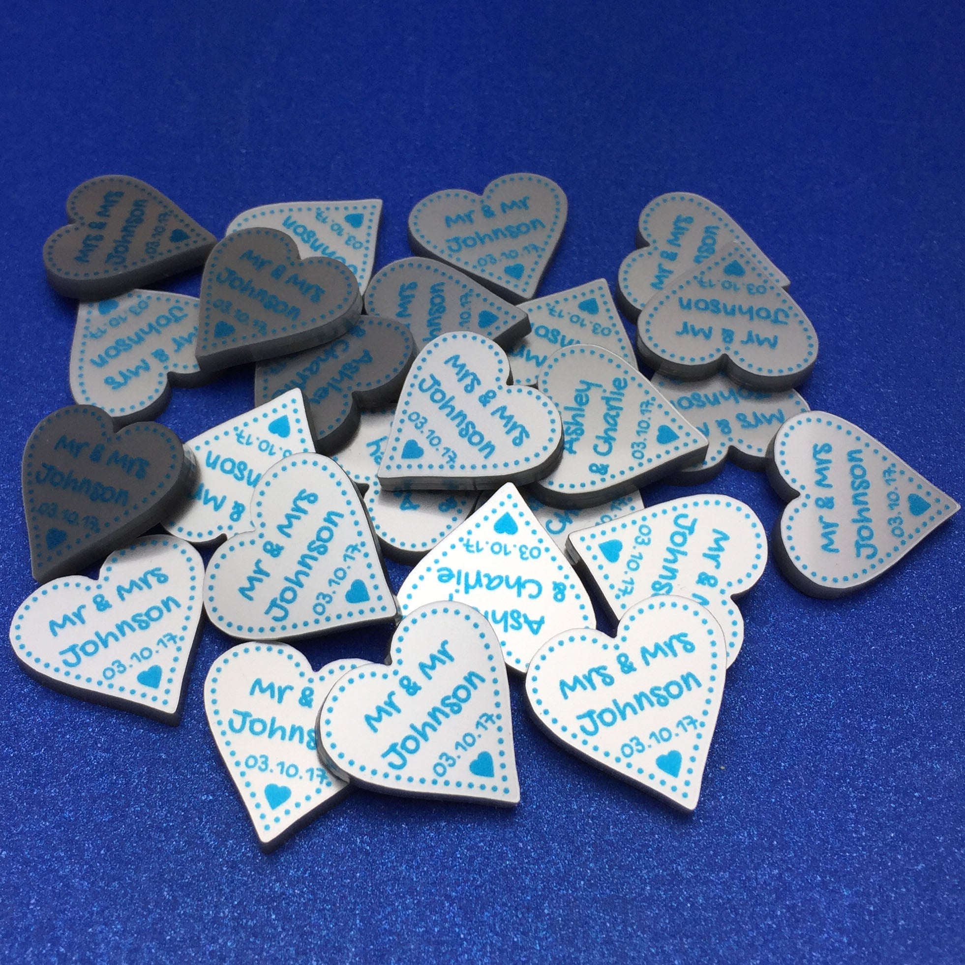 Personalised Wedding Favours - Metallic Silver Acrylic + Bright Blue Dotty Love Hearts
