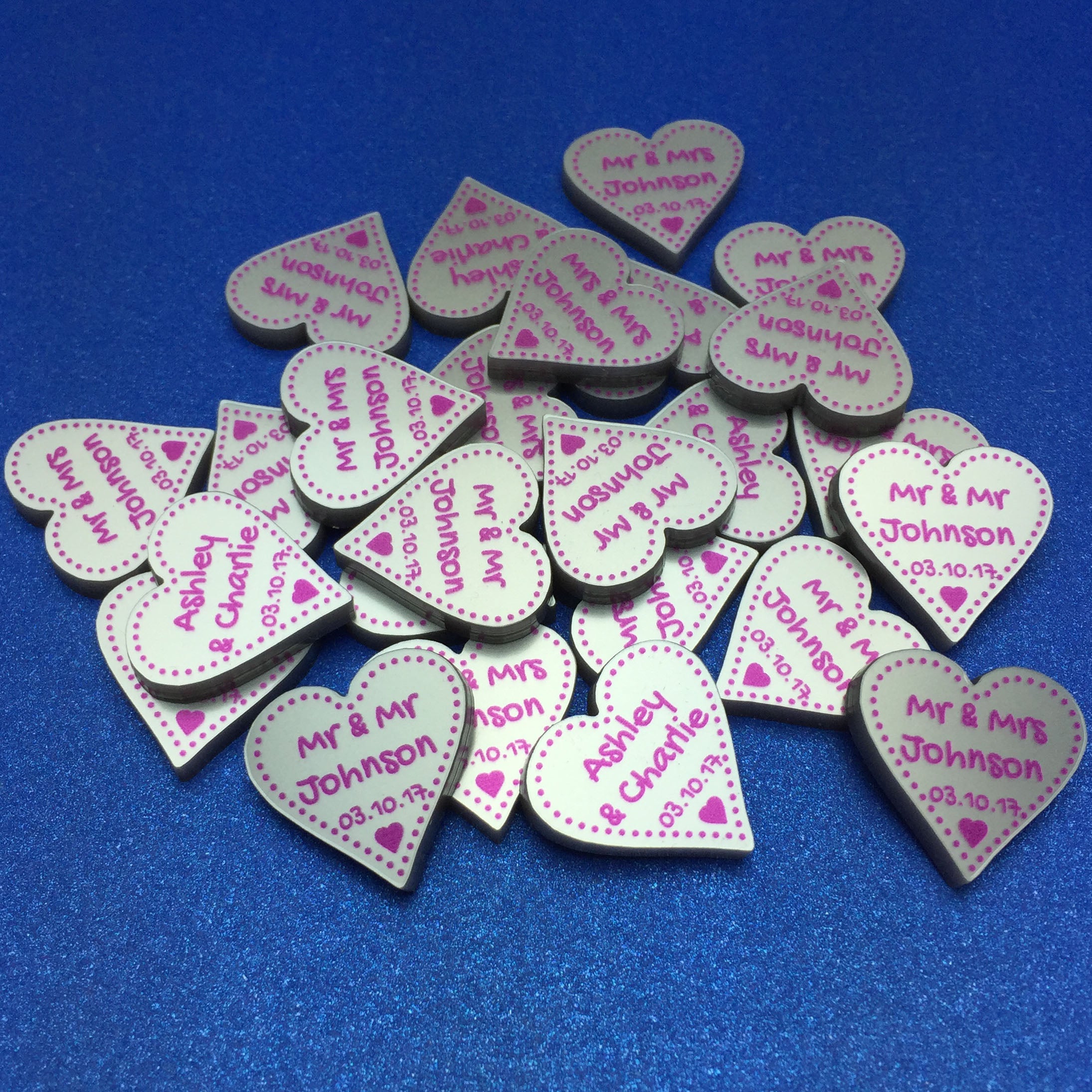 Personalised Wedding Favours - Metallic Silver Acrylic + Pink Dotty Love Hearts