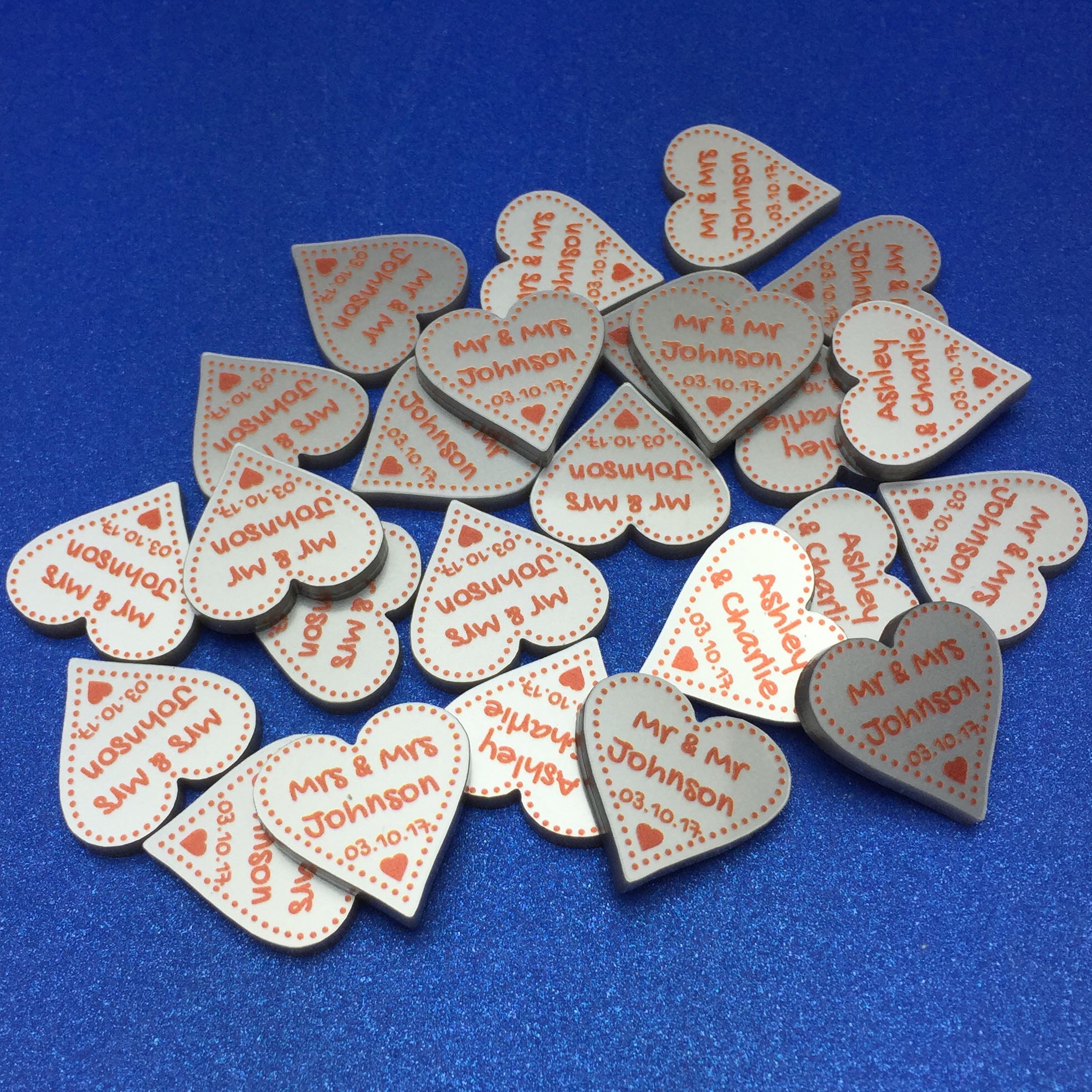 Personalised Wedding Favours - Metallic Silver Acrylic + Terracotta Red Dotty Love Hearts