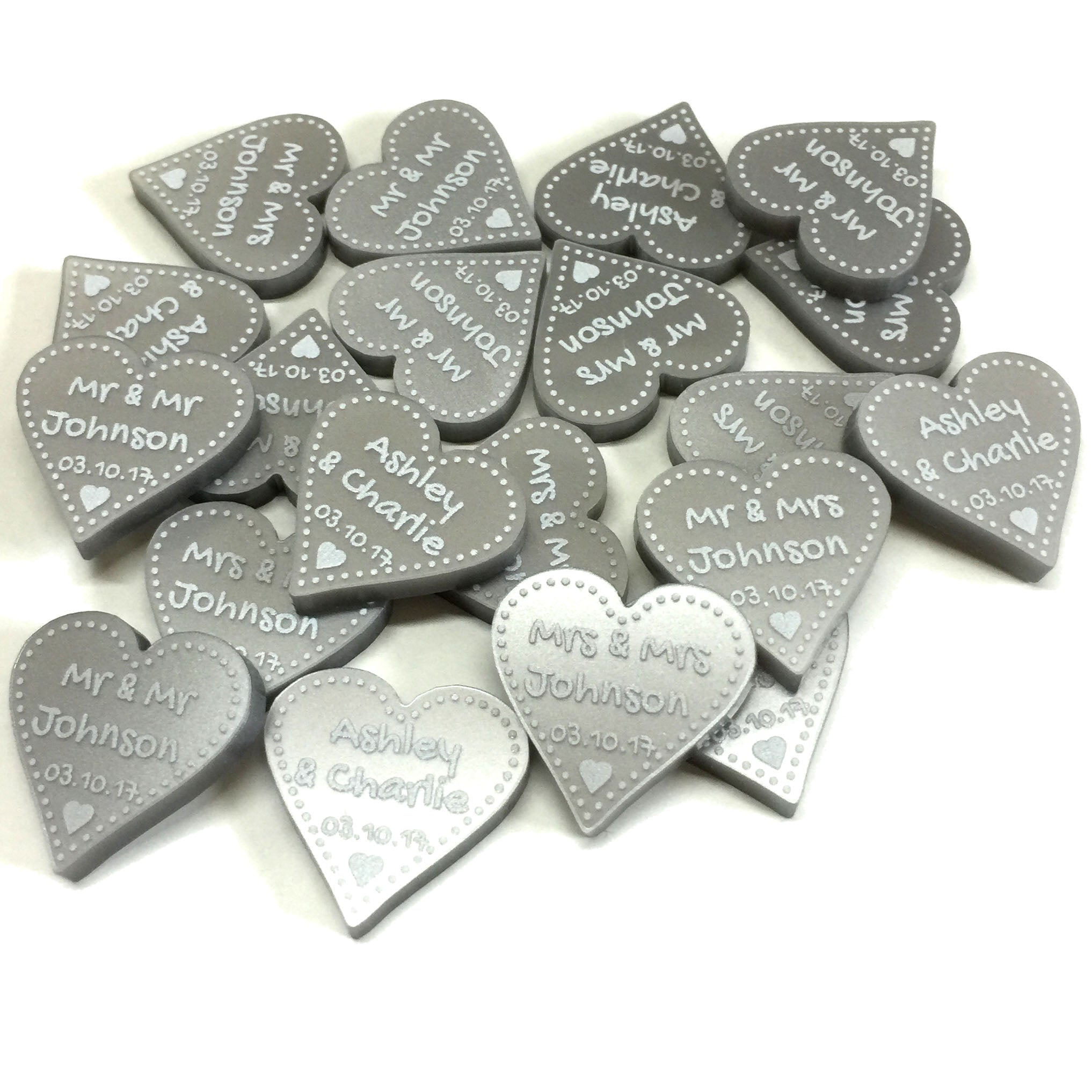 Personalised 25th Anniversary Silver Wedding Decorations - Metallic Silver Acrylic + White Dotty Love Hearts