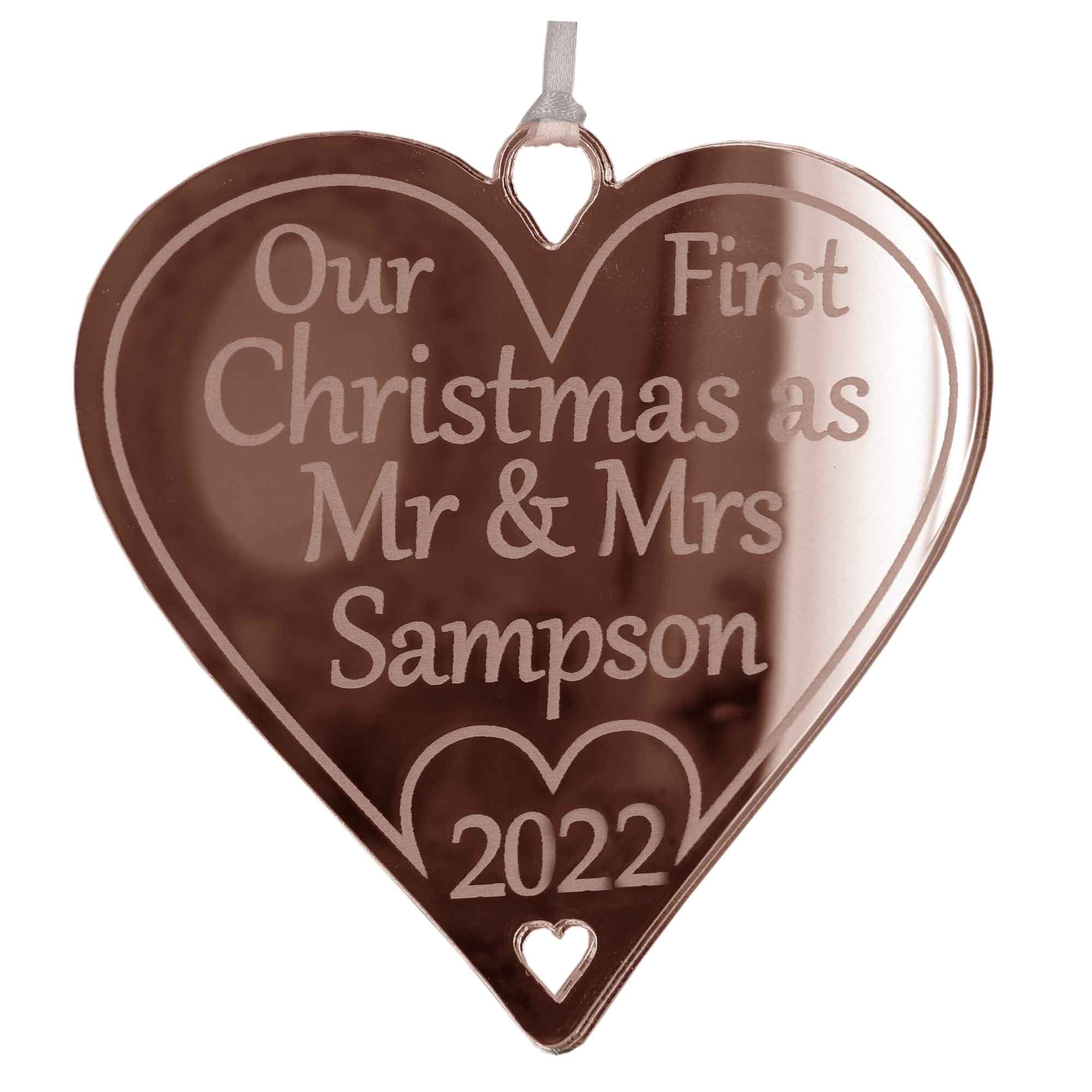 First Christmas Married as Husband Wife 2023 as Mr & Mrs Personalised Bauble - 10cm Heart
