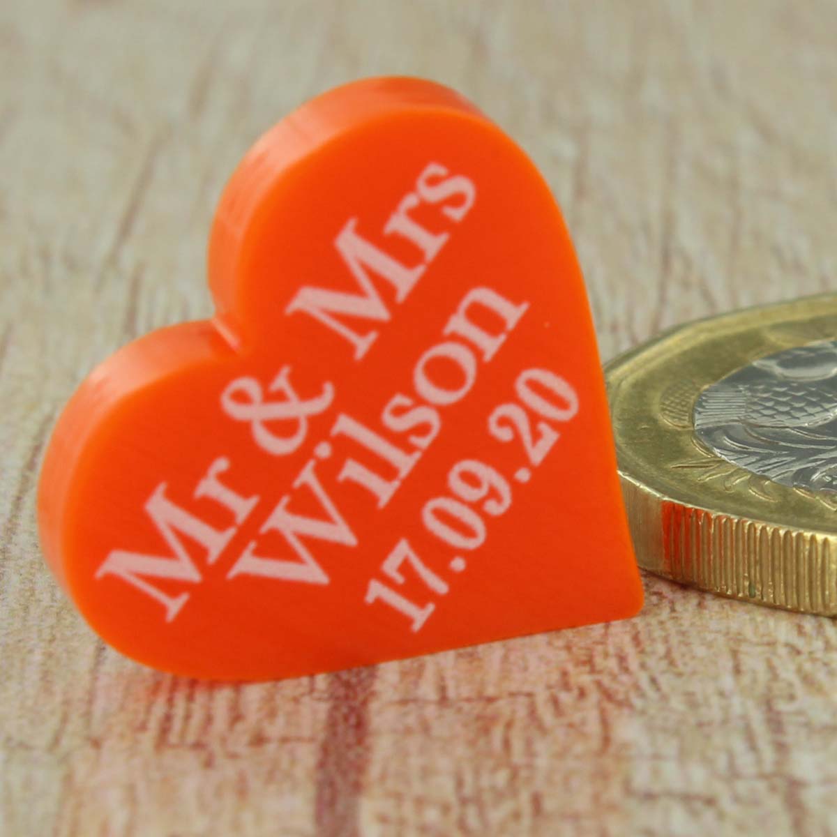 Personalised Wedding Favours - Glossy Orange Acrylic Love Hearts