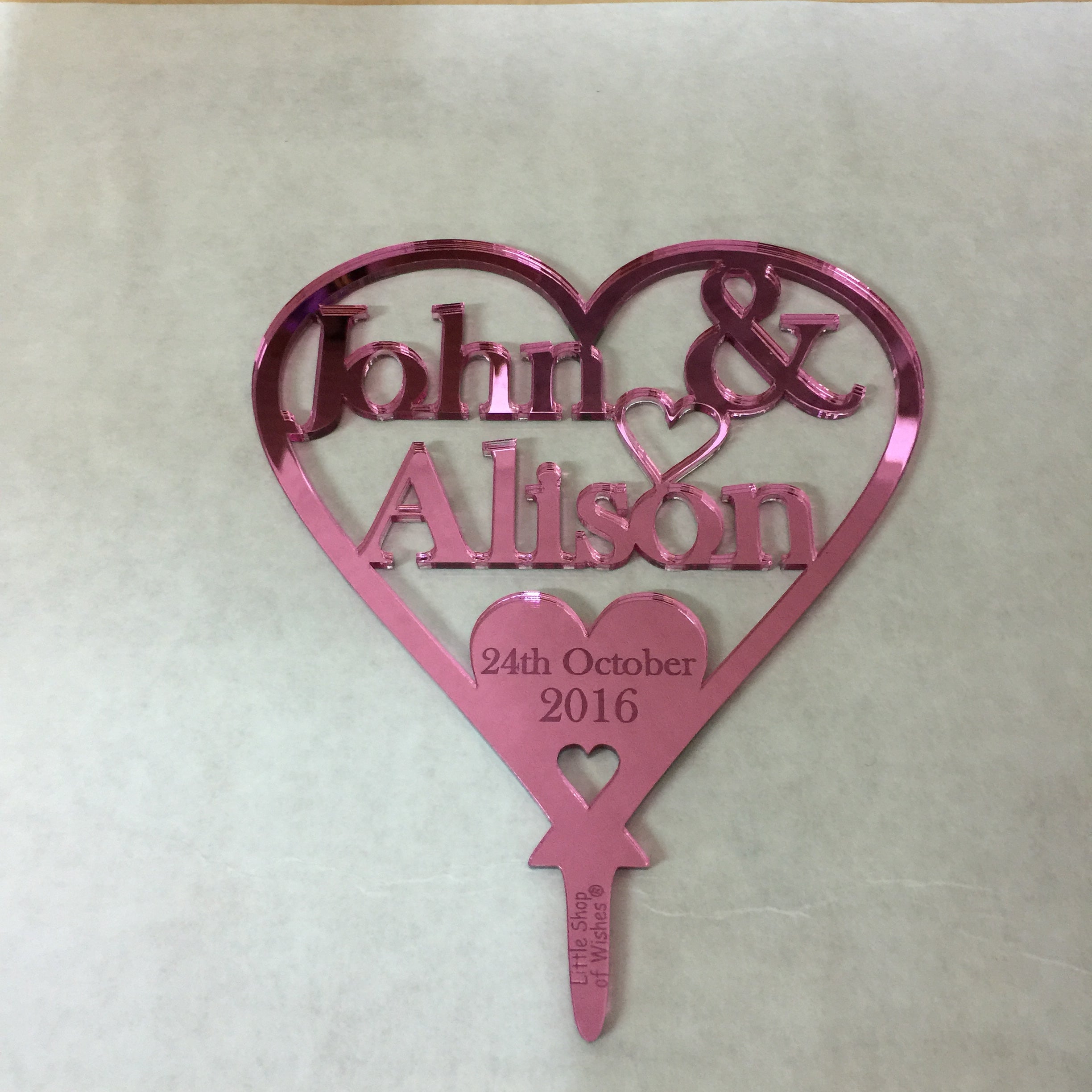 Two Names Heart Cake Topper Personalised Wedding Decoration - Pink Mirror Acrylic
