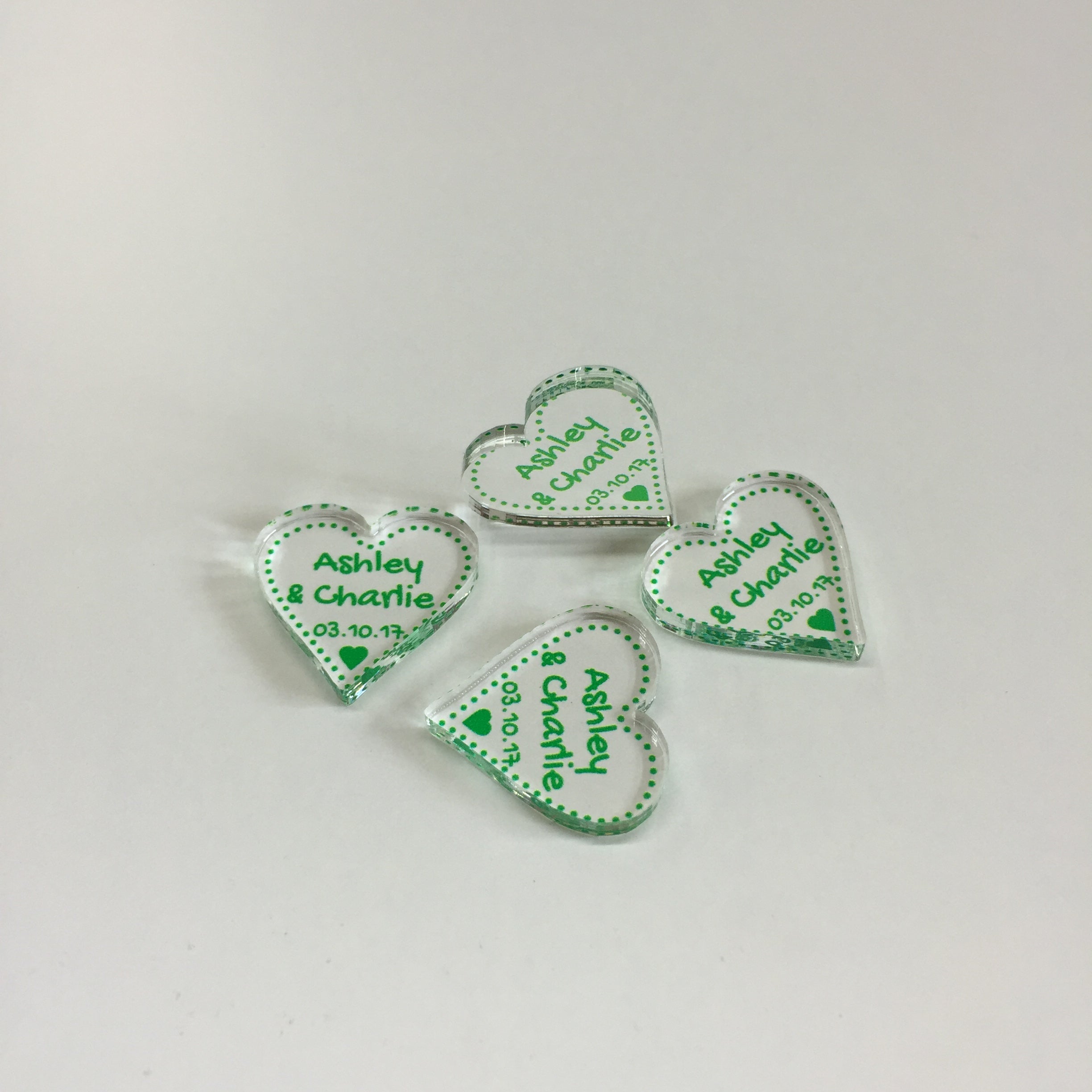 Personalised Wedding Favours - Clear Acrylic + Green Acrylic Love Hearts