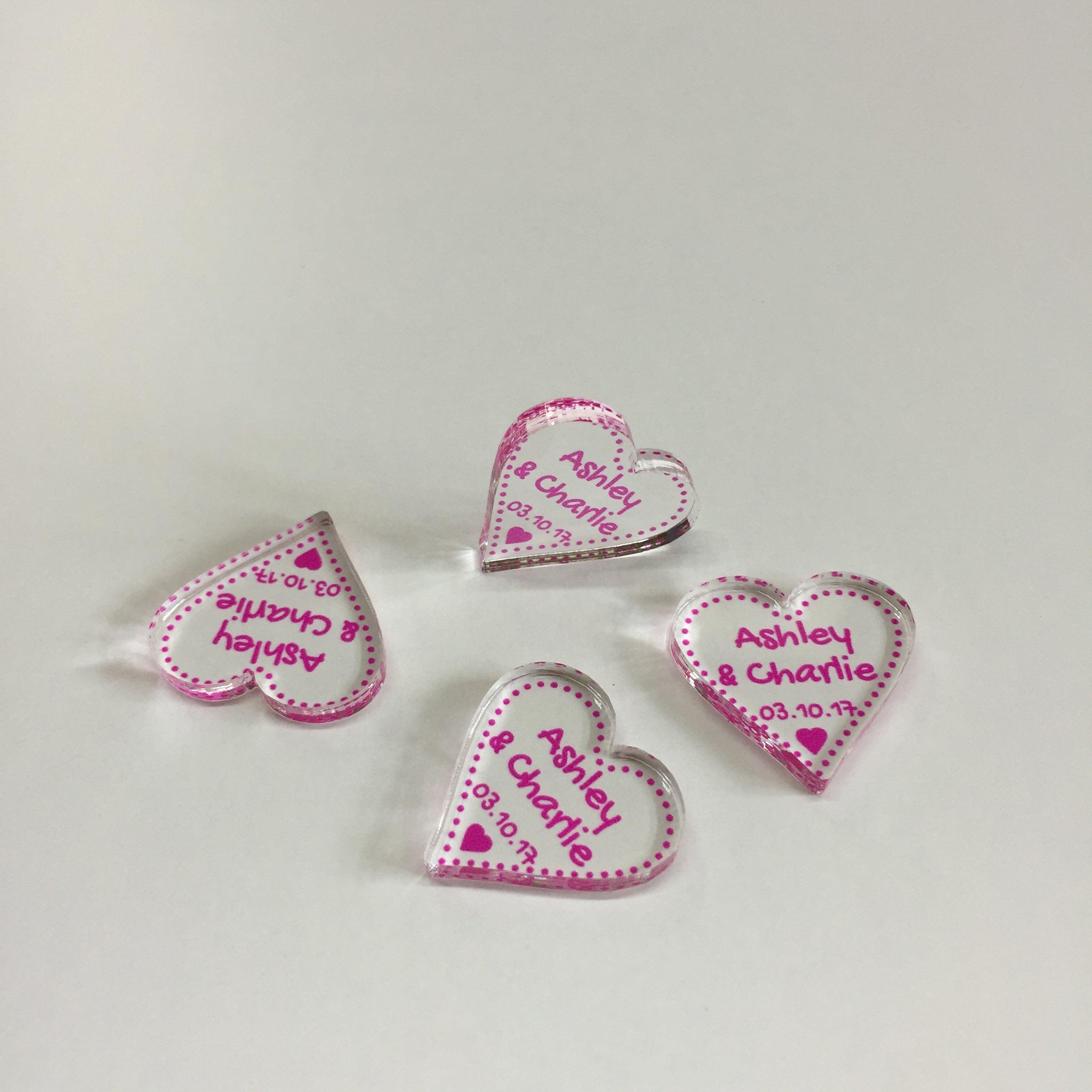 Personalised Wedding Favours - Clear Acrylic + Pink Acrylic Love Hearts