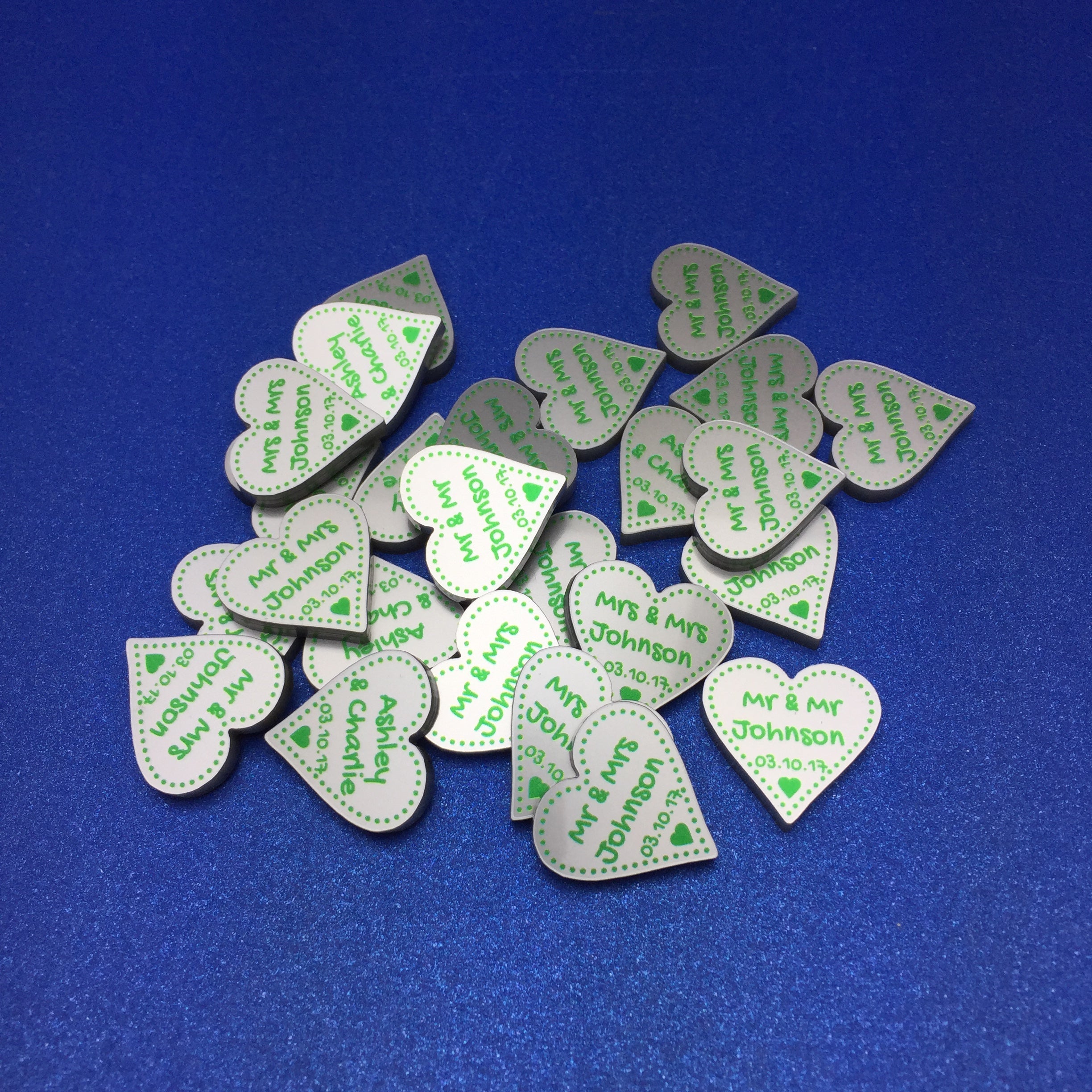 Personalised Wedding Favours - Metallic Silver Acrylic + Green Dotty Love Hearts